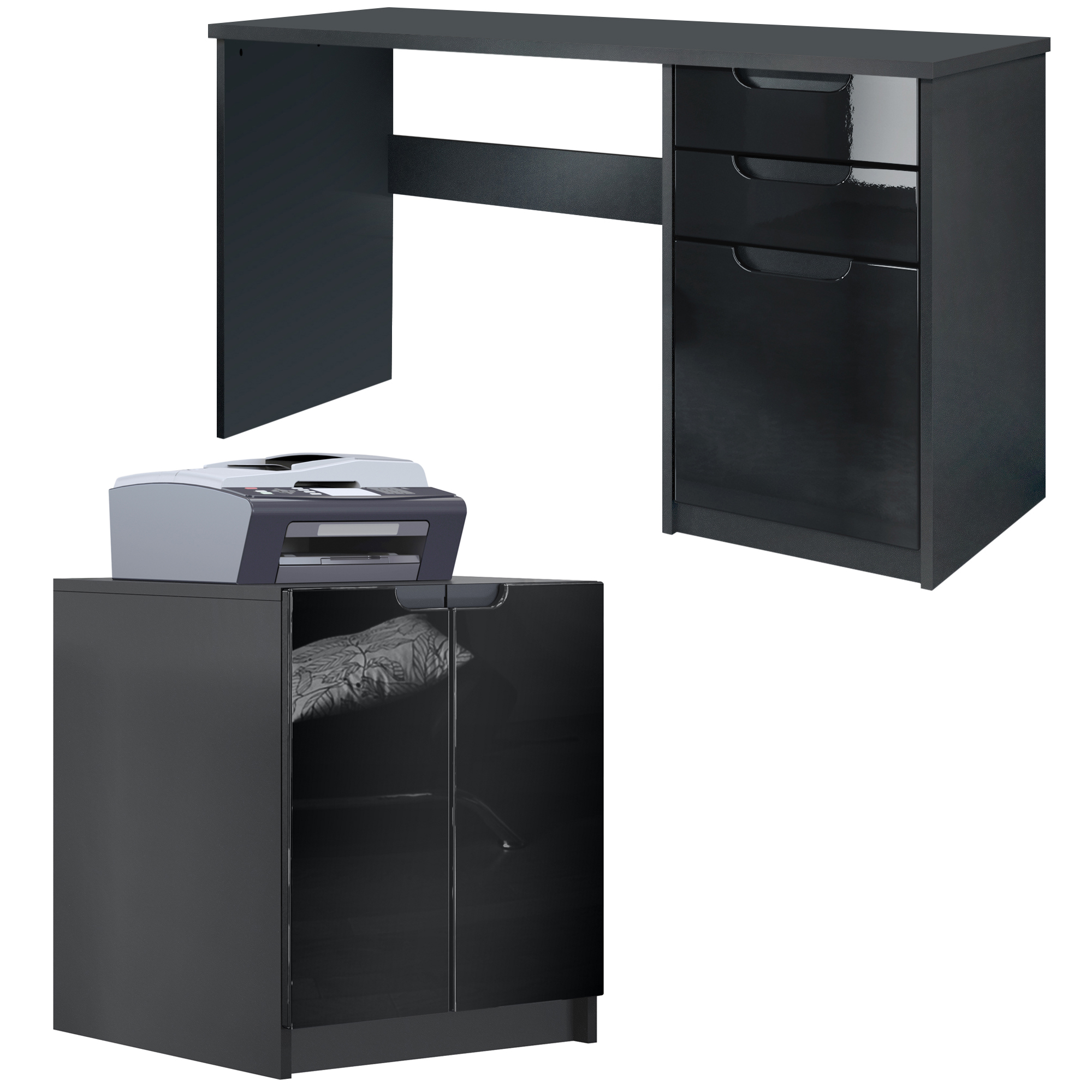 Büromöbel-Set Paris Schwarz mit 1 Schreibtisch und 1 Druckerkommode Schwarz matt / Schwarz Hochglanz