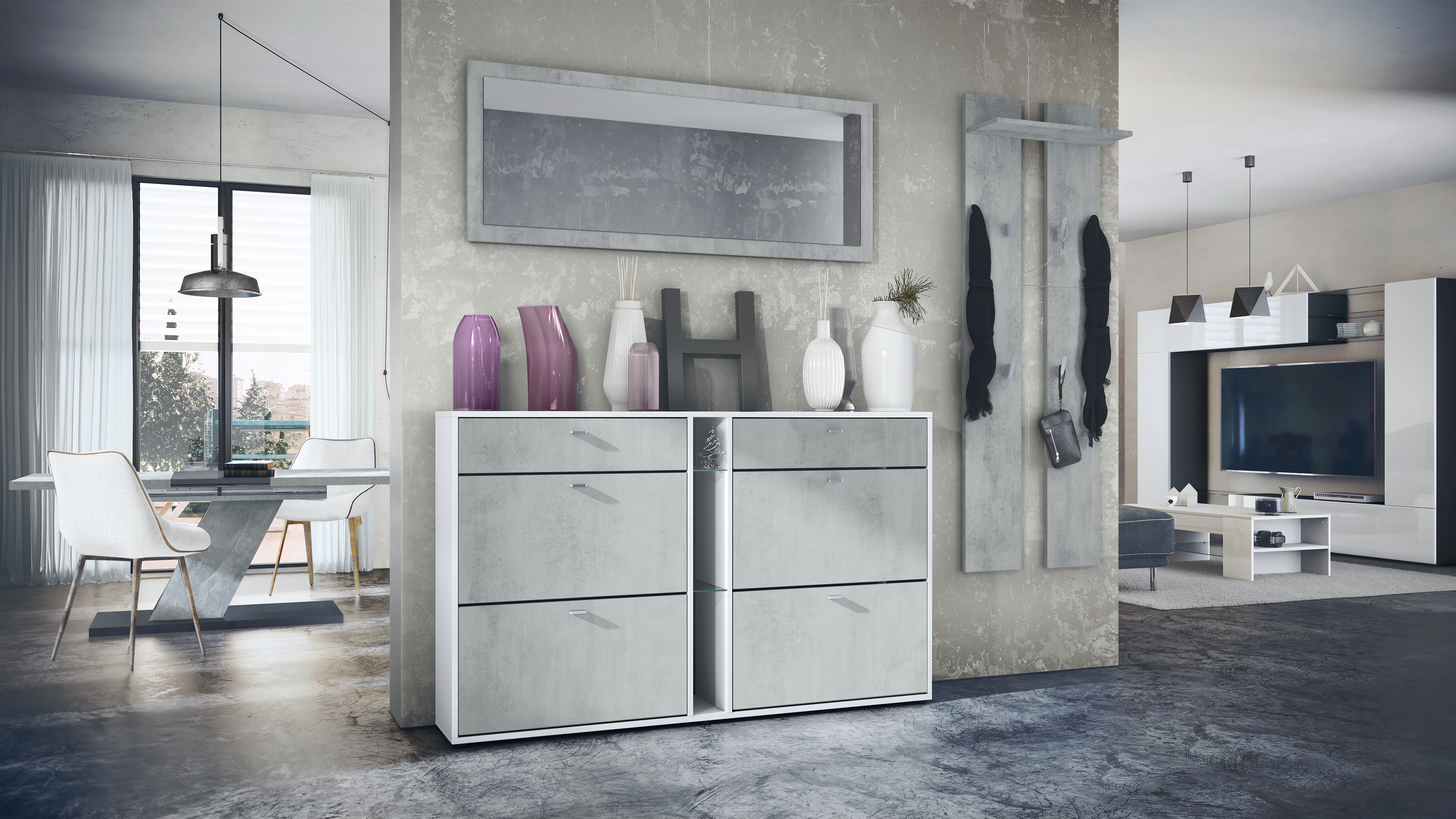 Garderobenset 3-tlg. Orlando mit Schuhschrank, Wandpaneel und Wandspiegel Weiß matt/Beton Oxid Optik