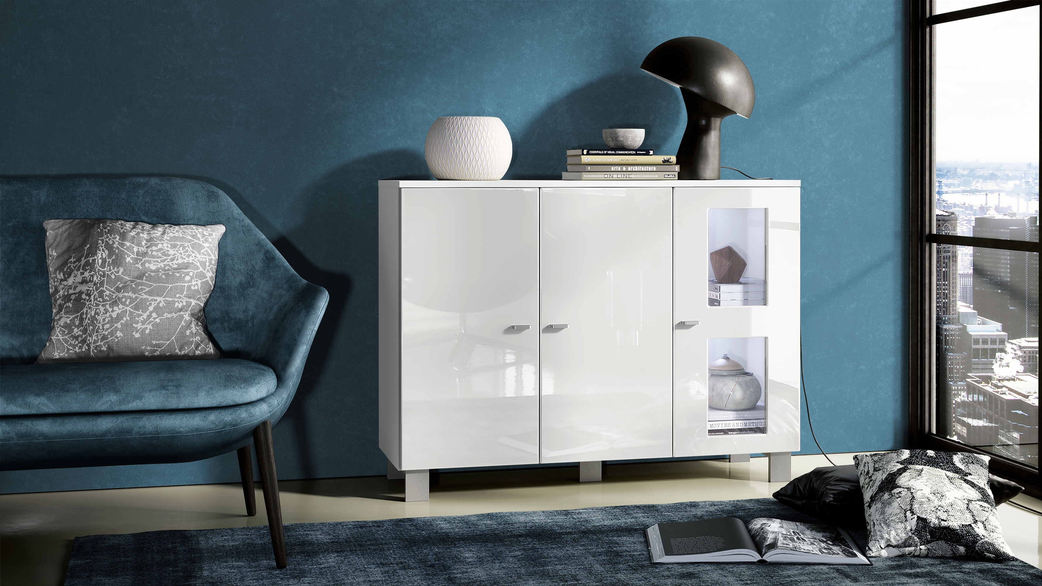 Sideboard Denjo  mit 3 Türen Weiß matt/Weiß Hochglanz inkl. LED-Beleuchtung (107 x 81 x 35 cm)