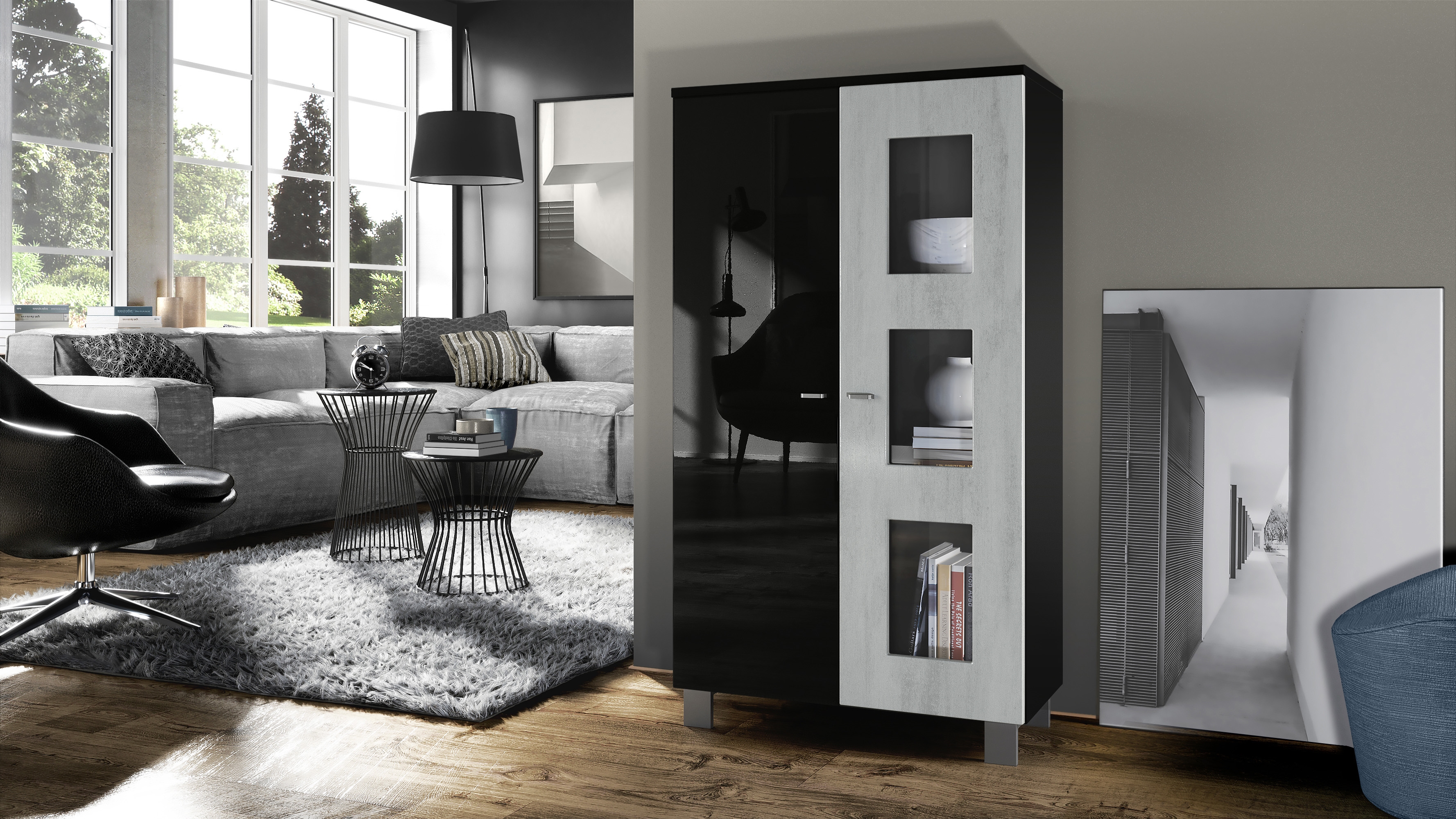 Vitrine Denjo  mit 2 Türen und 3 Glaseinsätzen Schwarz matt/ Schwarz Hochglanz/ Beton Oxid-Optik (71 x 129 x 35 cm)