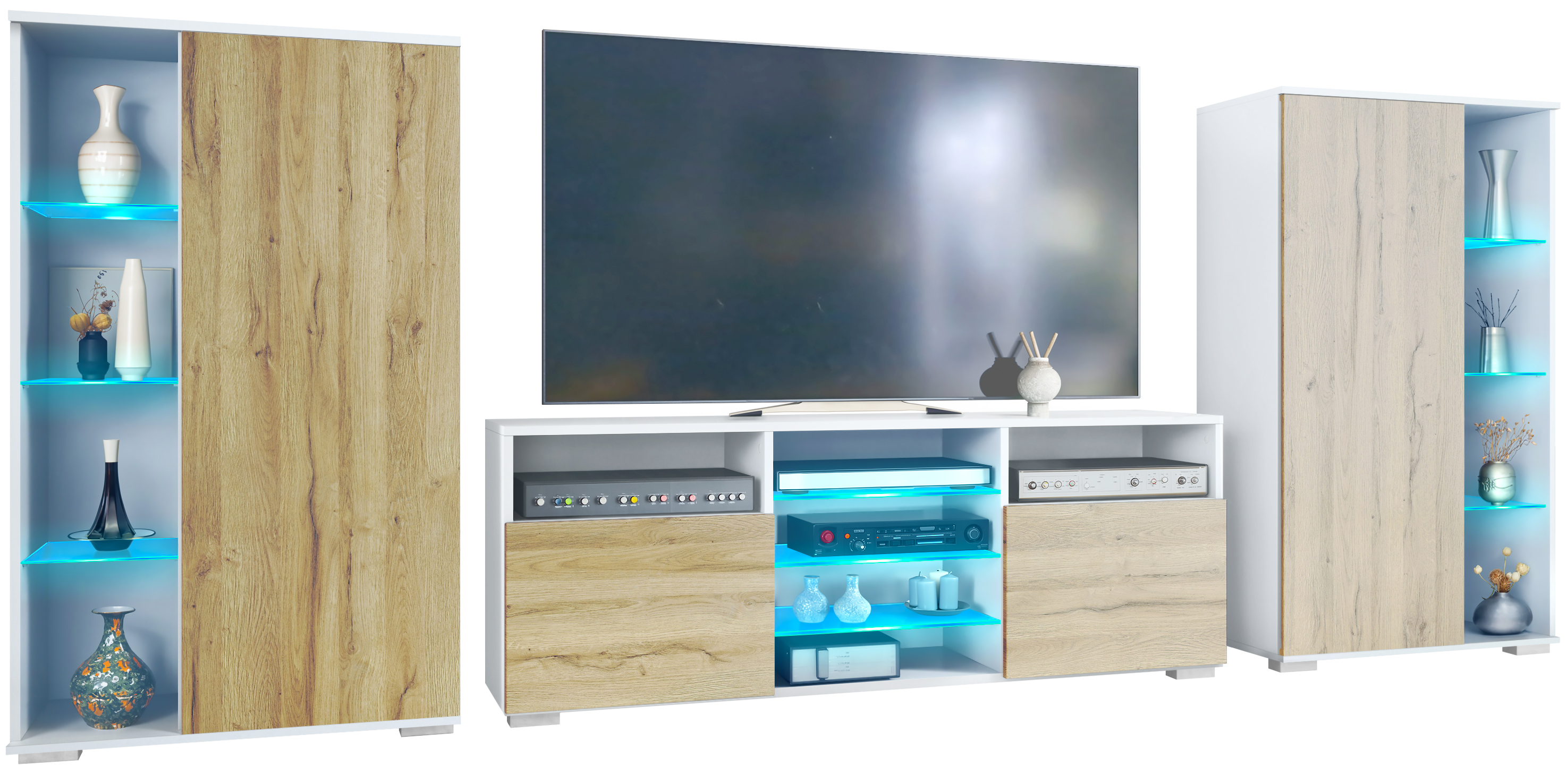 Wohnwand 3-tlg. Davos Weiß LED bestehend aus 2 Vitrinen, 1 TV-Board und LED-Beleuchtung Weiß matt/Eiche Natur (329 x 134 x 35 cm)