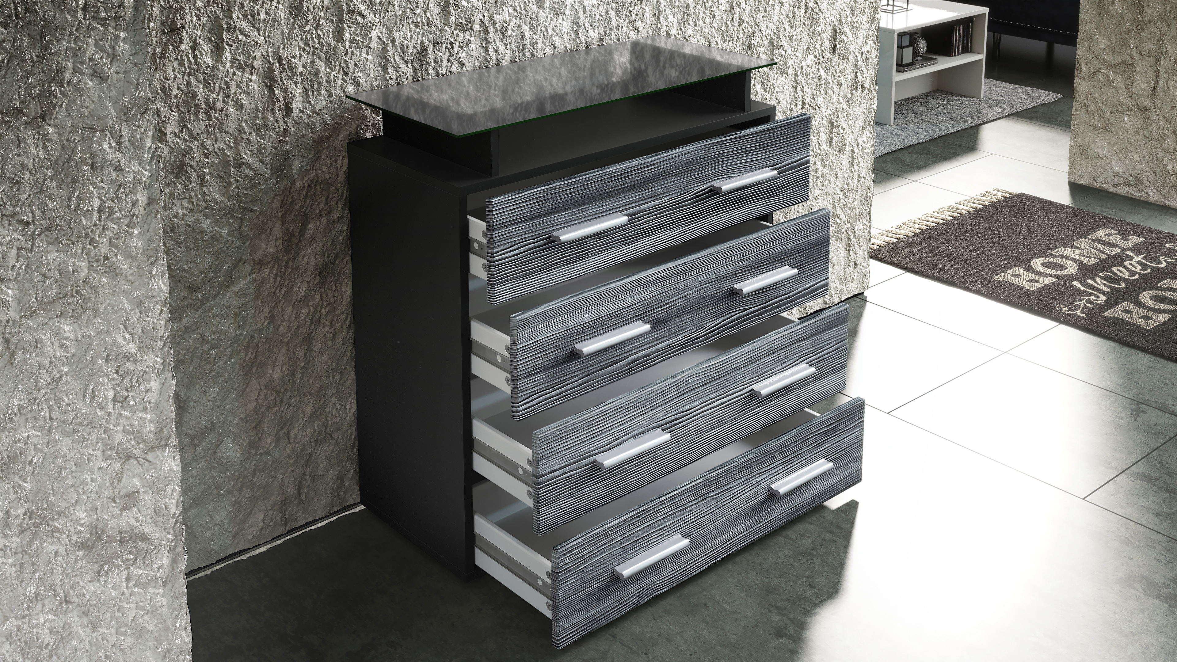 Kommode Pavos V2 mit 4 Schubladen und Glasablage Schwarz matt/Weiß Hochglanz (76 x 81 x 35 cm)