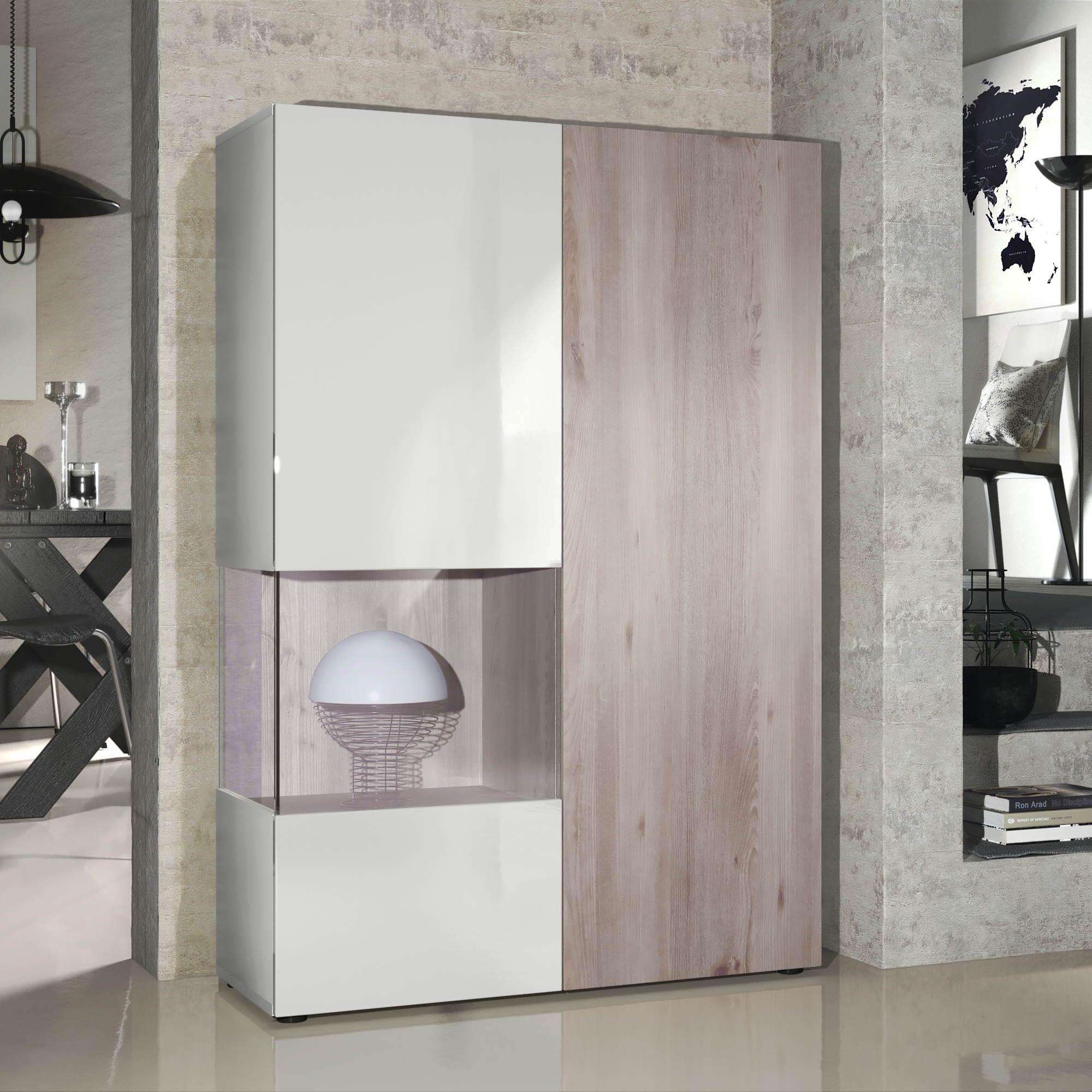 Vitrine Morena  mit 2 Türen dahinter ingesamt 7 Fächer Weiß matt/Weiß Hochglanz/Eiche Nordic (92 x 135 x 37 cm)