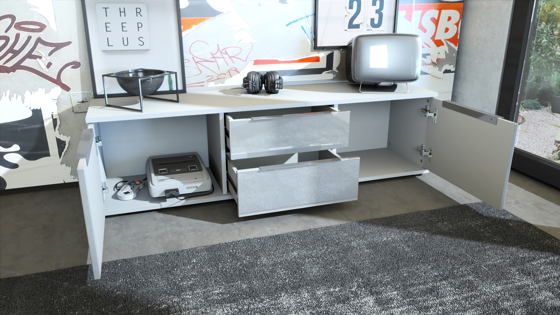 Linio V1 Lowboard  mit 2 Türen und Schubladen Weiß / Bordeaux Hochglanz (138,5 x 37,5 x 35 cm)