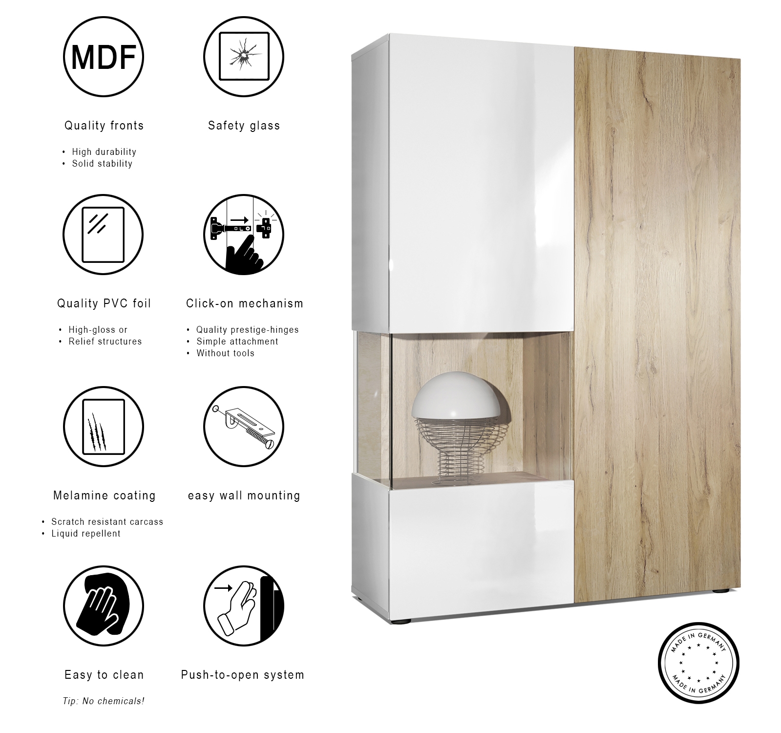 Vitrine Morena  mit 2 Türen dahinter ingesamt 7 Fächer Weiß matt/Weiß Hochglanz/Eiche Nordic (92 x 135 x 37 cm)