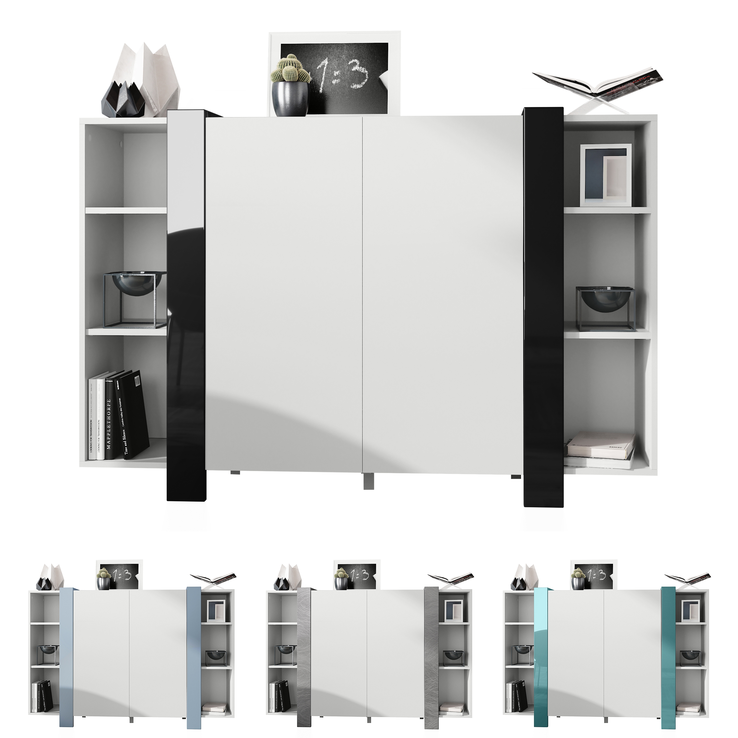Highboard Ida V2 Weiß mit 2 Türen und 6 offene Fächer Weiß matt/Brombeer Hochglanz (149 x 101 x 34 cm)