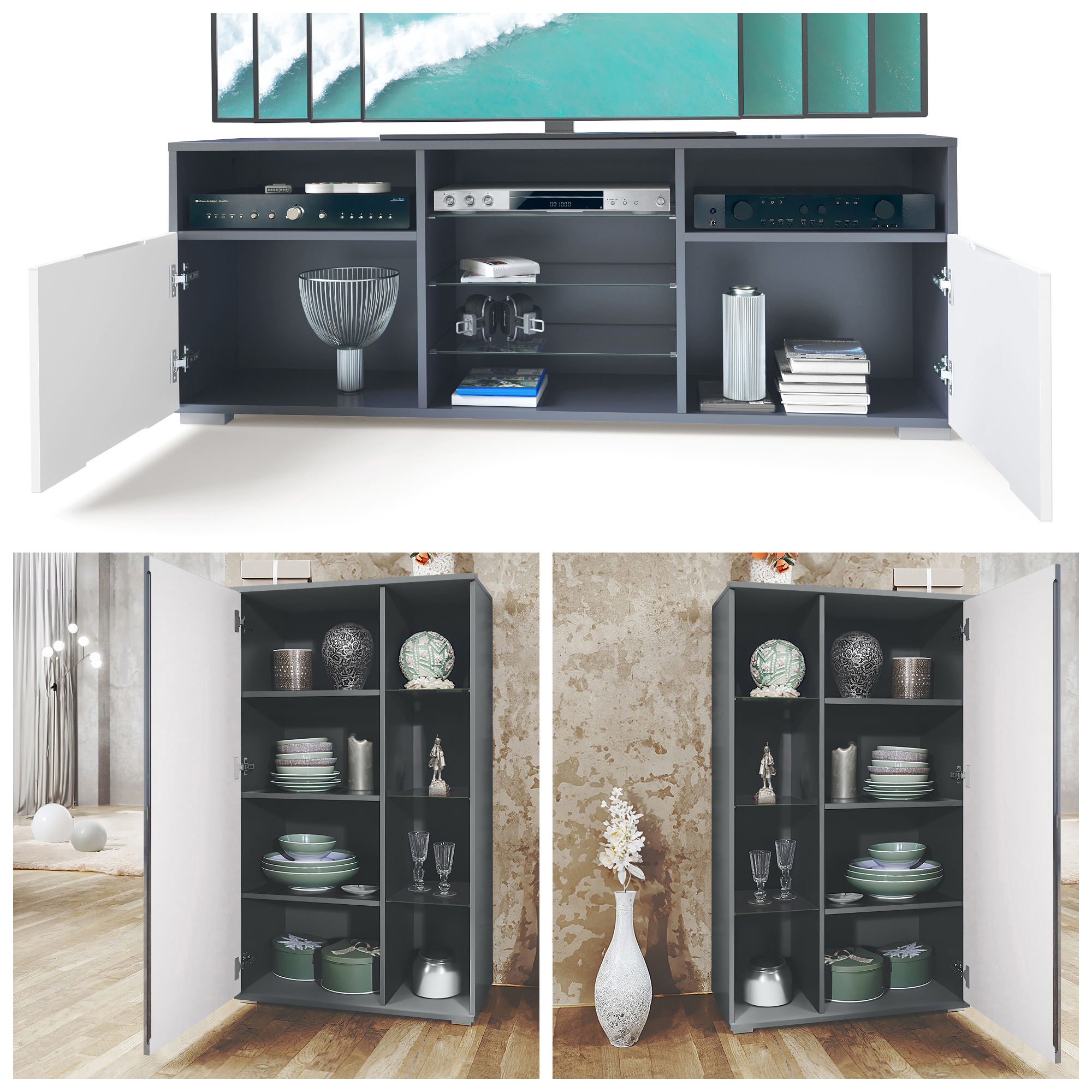 Wohnwand 3-tlg. Davos Anthrazit bestehend aus 2 Vitrinen und 1 TV-Board Anthrazit matt/Beton Oxid Optik (329 x 134 x 35 cm)