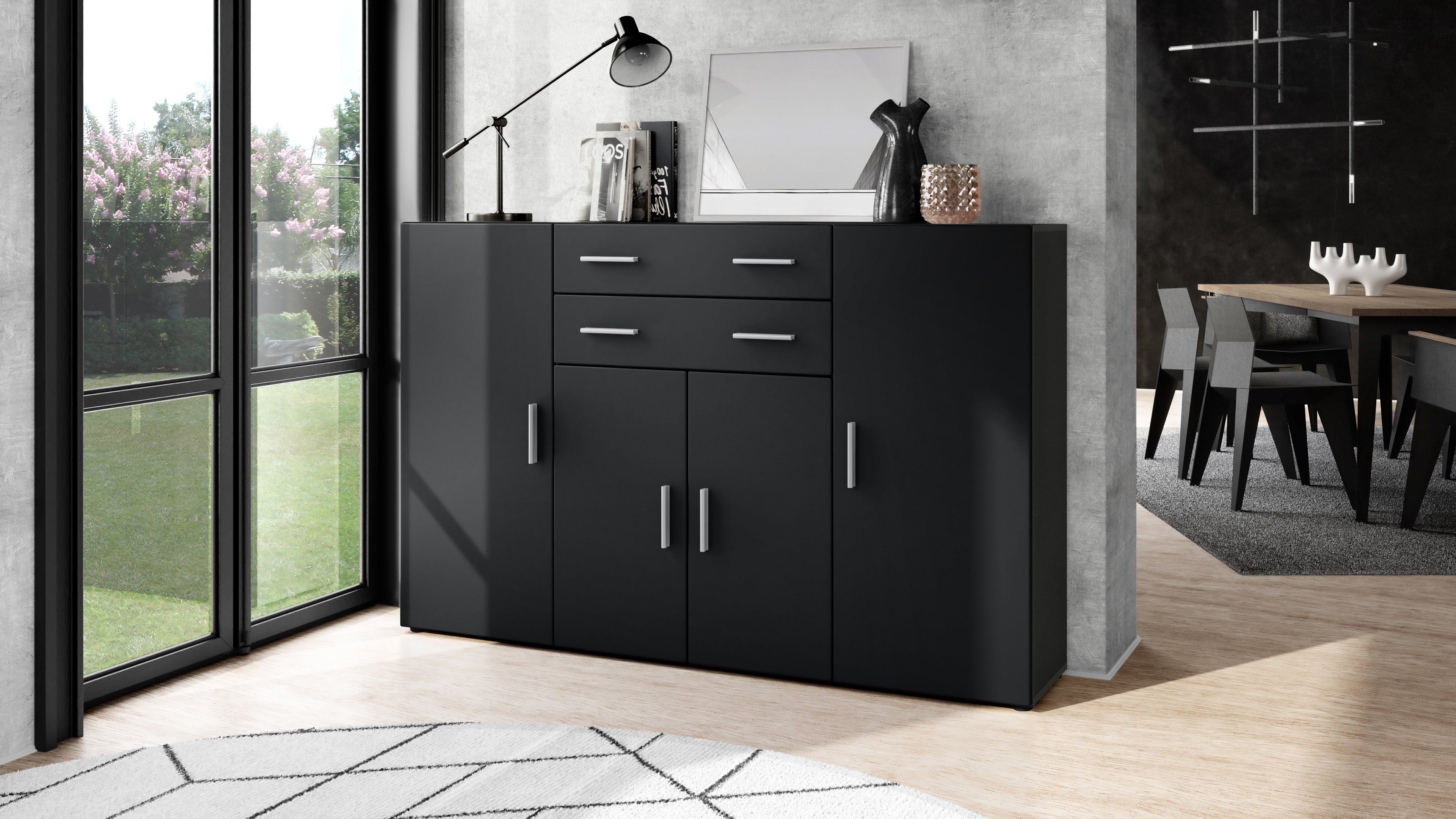 Highboard Aron  mit 4 Türen und 2 Schubladen Anthrazit matt/Schwarz matt (166,5 x 106,5 x 35 cm)