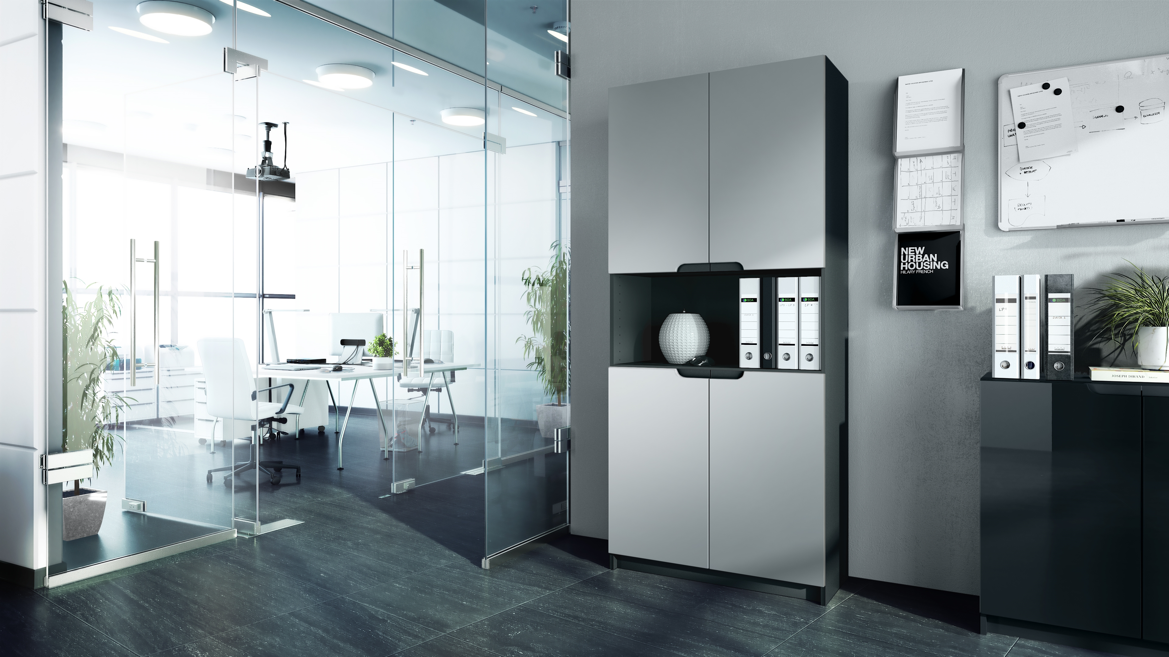 Büroschrank Logan V2 mit 5 Fächern und 4 Türen Schwarz matt/Hellgrau seidenmatt (82 x 185 x 37 cm)