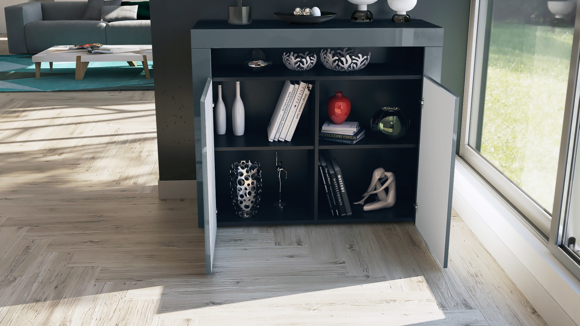 Kommode Valencia Sideboard mit 2 Türen und 1 offenem Fach Schwarz matt/Beton Oxid Optik/Beton Oxid Optik (108 x 92 x 40 cm)