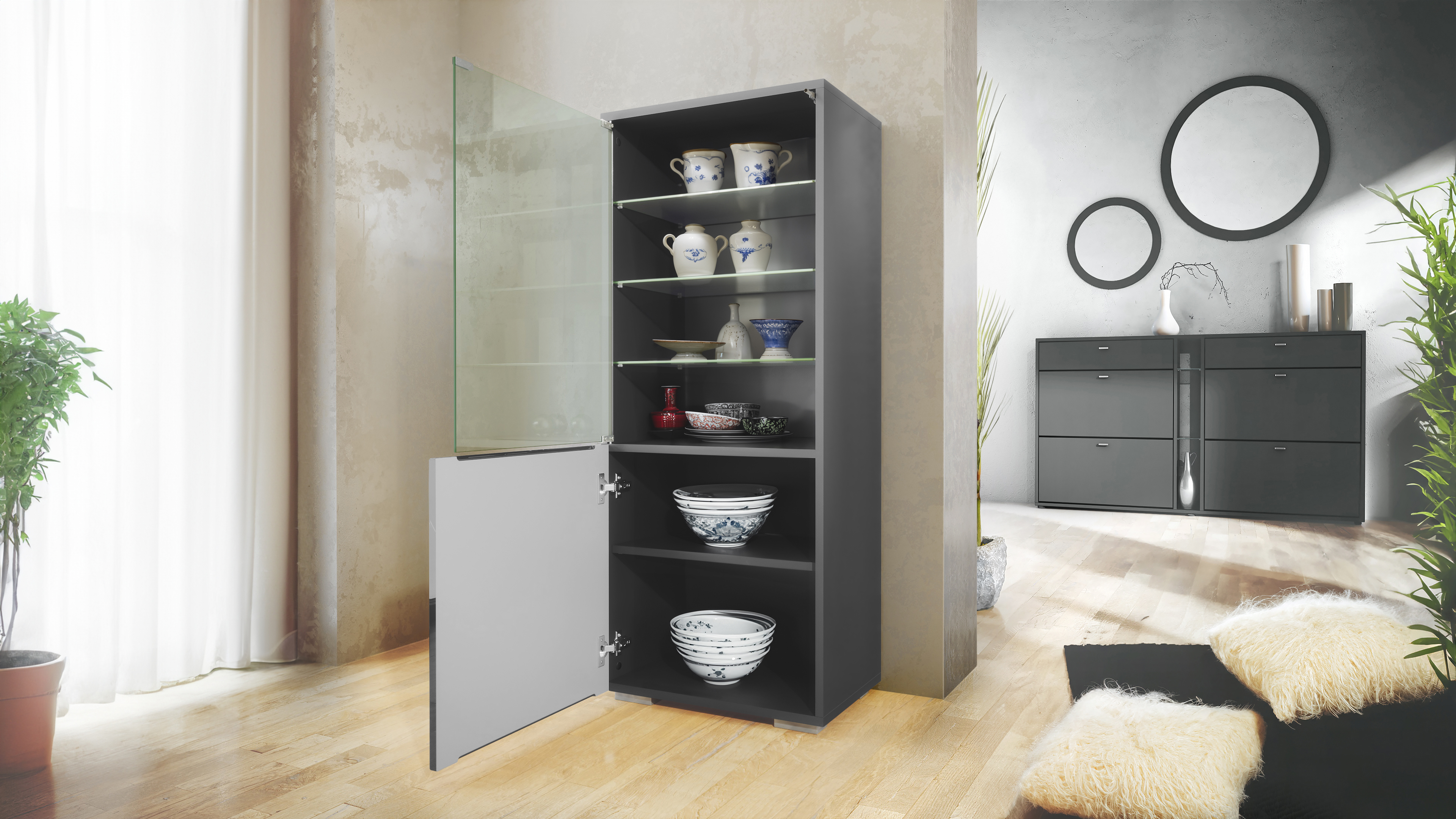 Granada Vitrine Anthrazit mit Glastür und Glaseinsatz Anthrazit matt/Avola-Anthrazit (50 x 122,5 x 34,5 cm)