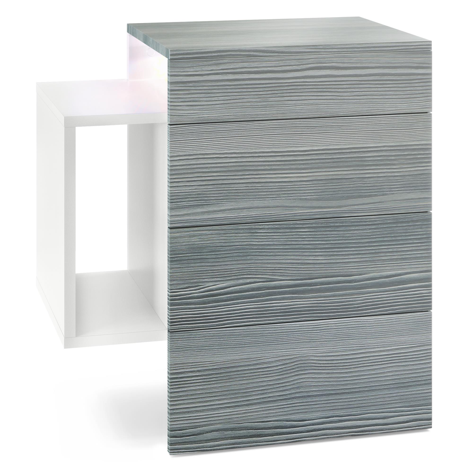 Nachttisch Queens und 1 seitlichem Fach zur Wandmontage Weiß matt/Avola-Anthrazit inkl. LED-Unterbaustrahler (60 x 63 x 36 cm)