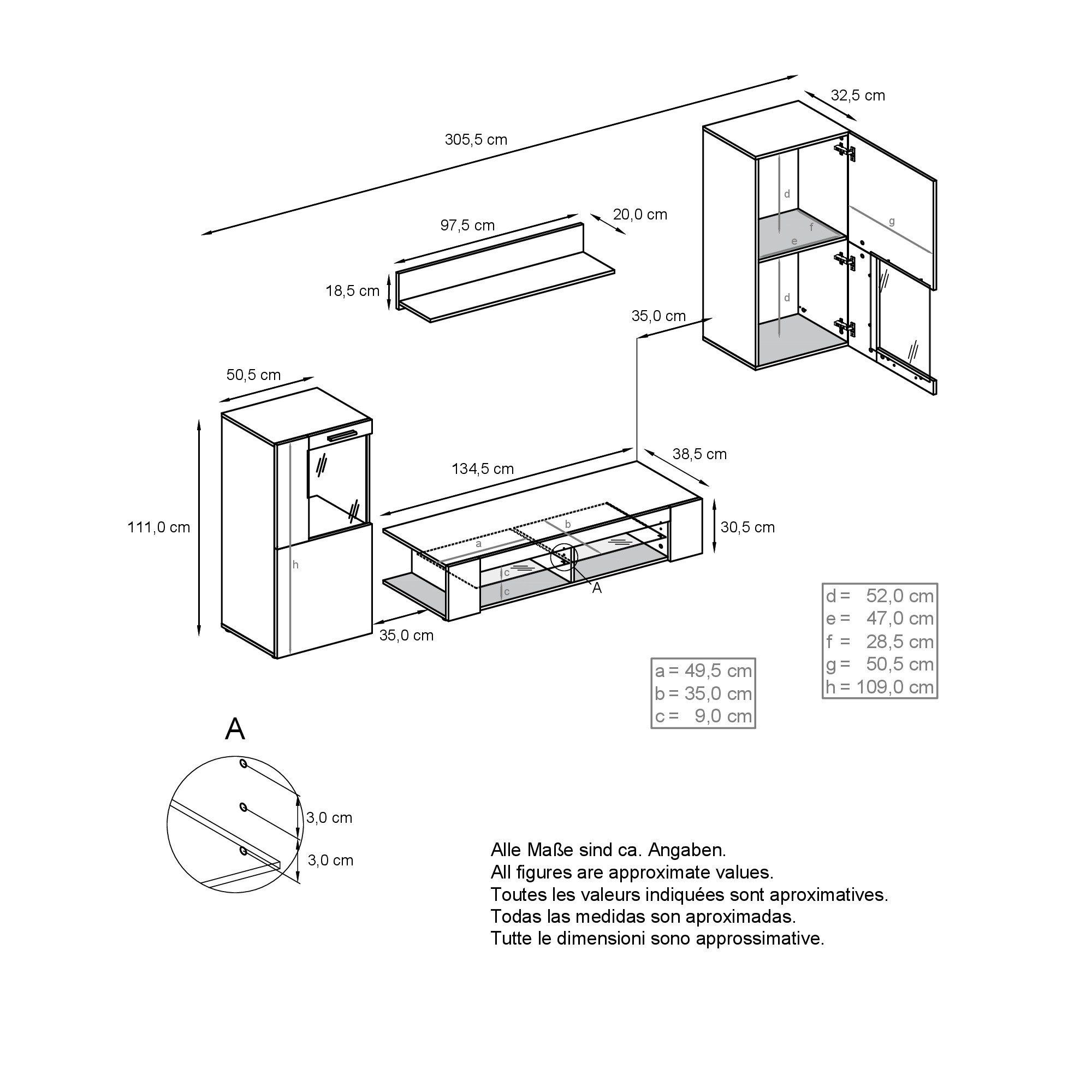 Stream Wohnwand Anthrazit matt Anbauwand bestehend aus 1 TV-Board, 2 Vitrinen und 1 Regal Anthrazit matt/Weiß matt (Gesamt: 305,5 x 190 x 38,5 cm)