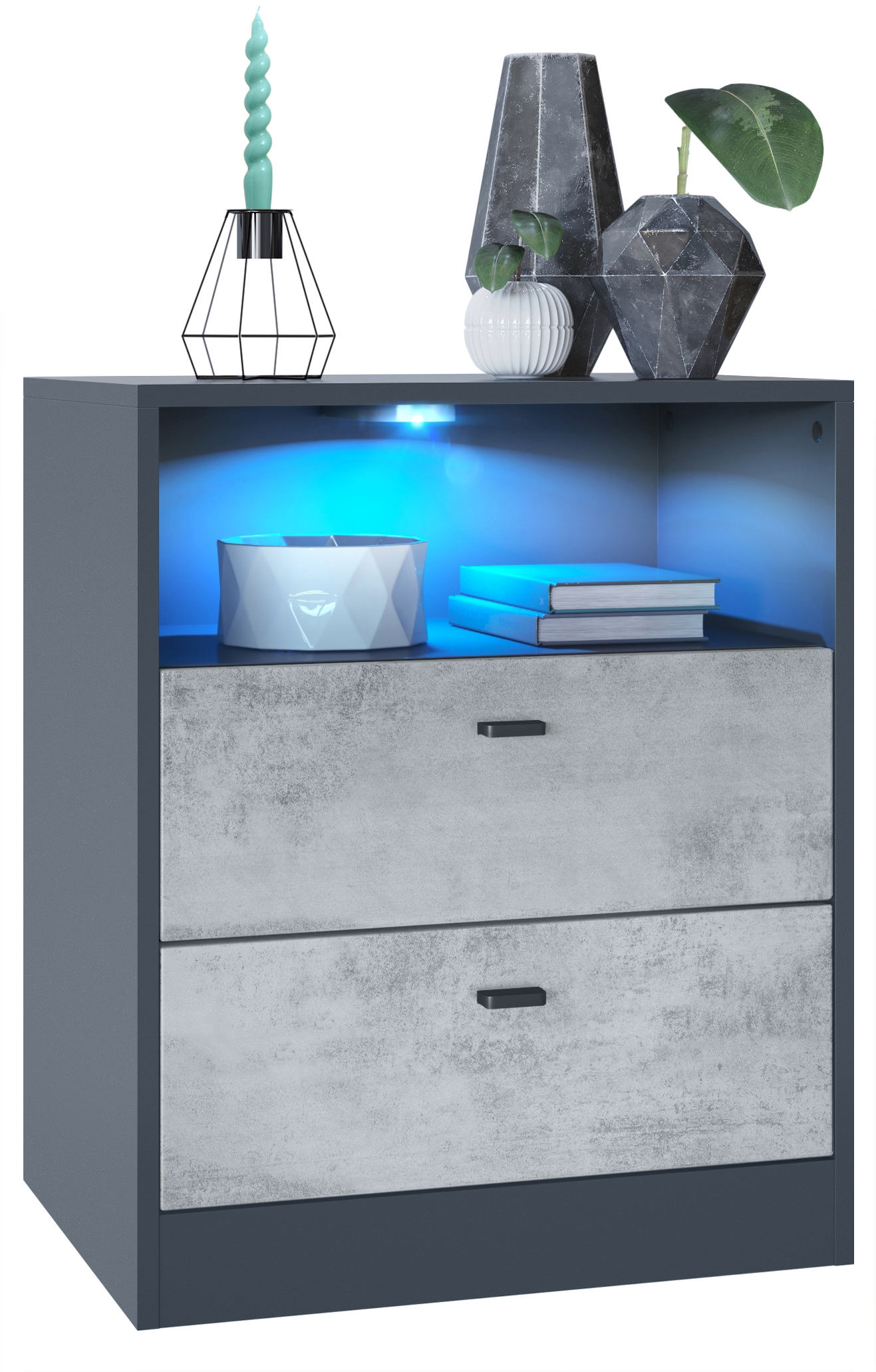 Pino V1 Kommode  mit 2 Schubladen & 1 offenem Fach mit Beleuchtung Anthrazit matt/Beton Oxid Optik (56 x 67,5 x 36 cm)