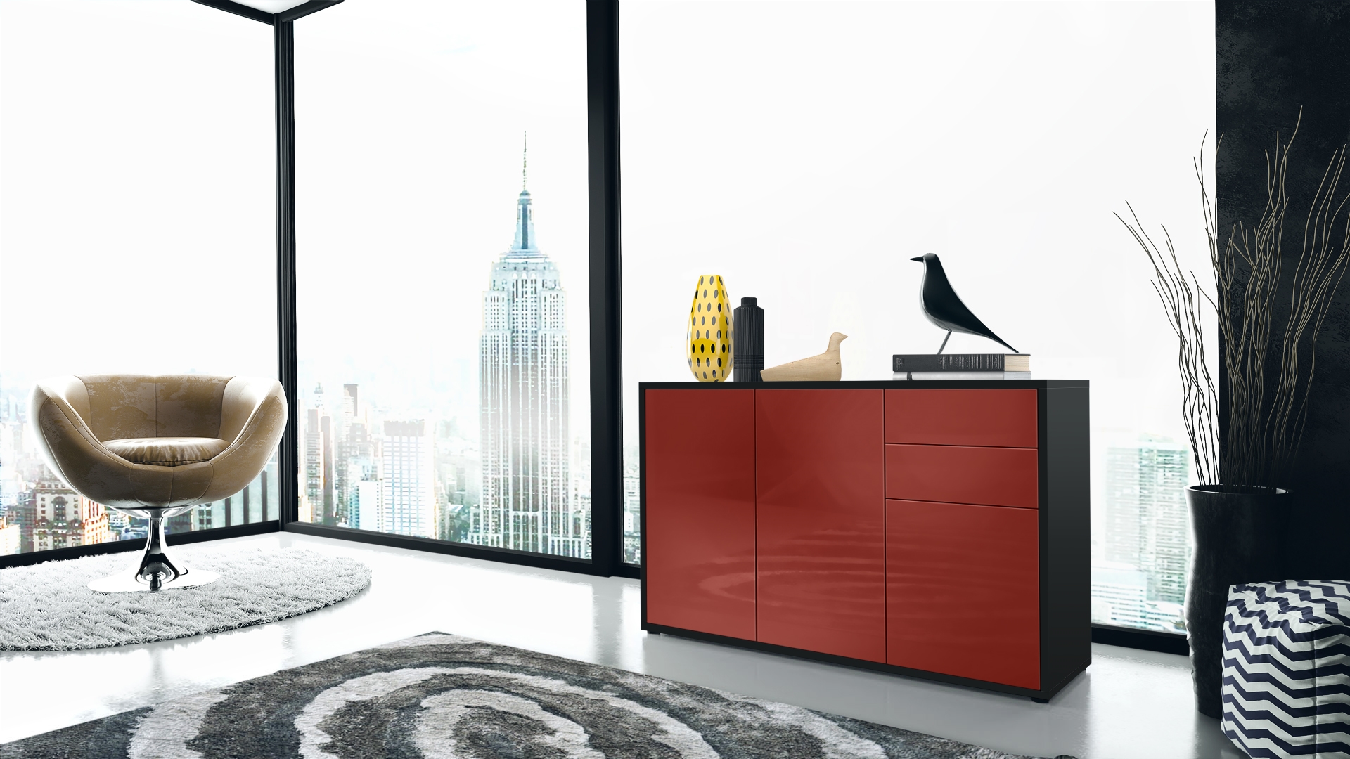 Kommode Ben V3  mit 3 Türen und 2 Schubladen Schwarz matt/ Bordeaux Hochglanz (117 x 74 x 36 cm)
