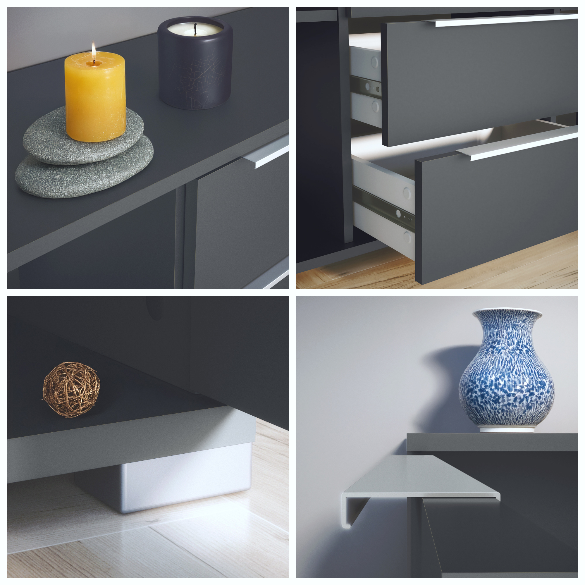Linio V1 Sideboard Anthrazit mit 2 Türen und 4 Schubladen Anthrazit matt/Weiß matt (138,5 x 75,5 x 35 cm)