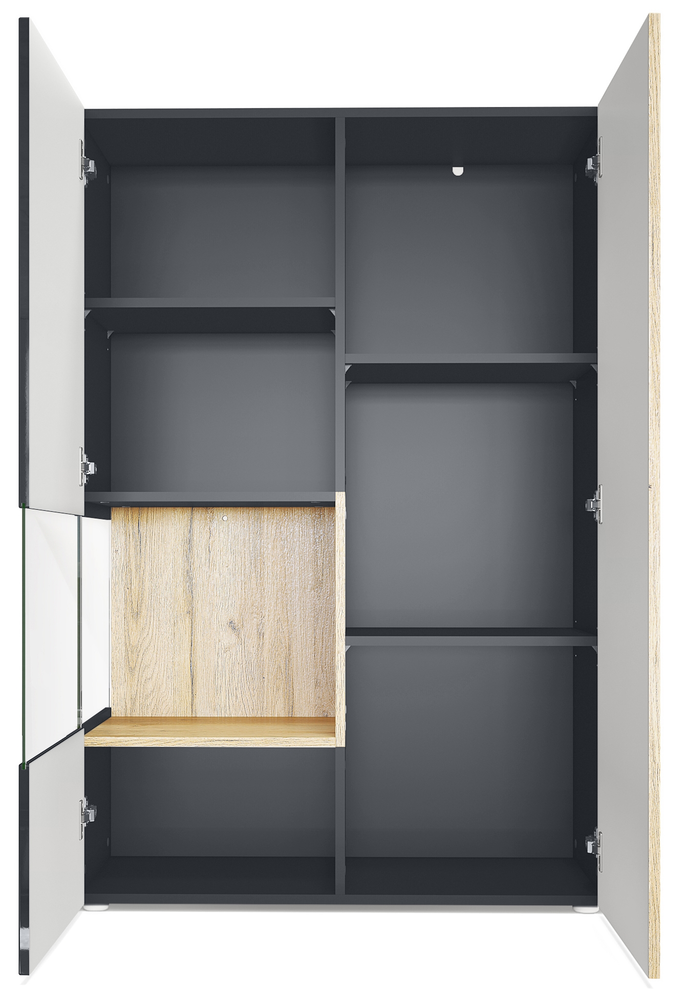 Vitrine Morena  mit 2 Türen dahinter ingesamt 7 Fächer Schwarz matt/Schwarz Hochglanz inkl. LED-Beleuchtung (92x135x37 cm)