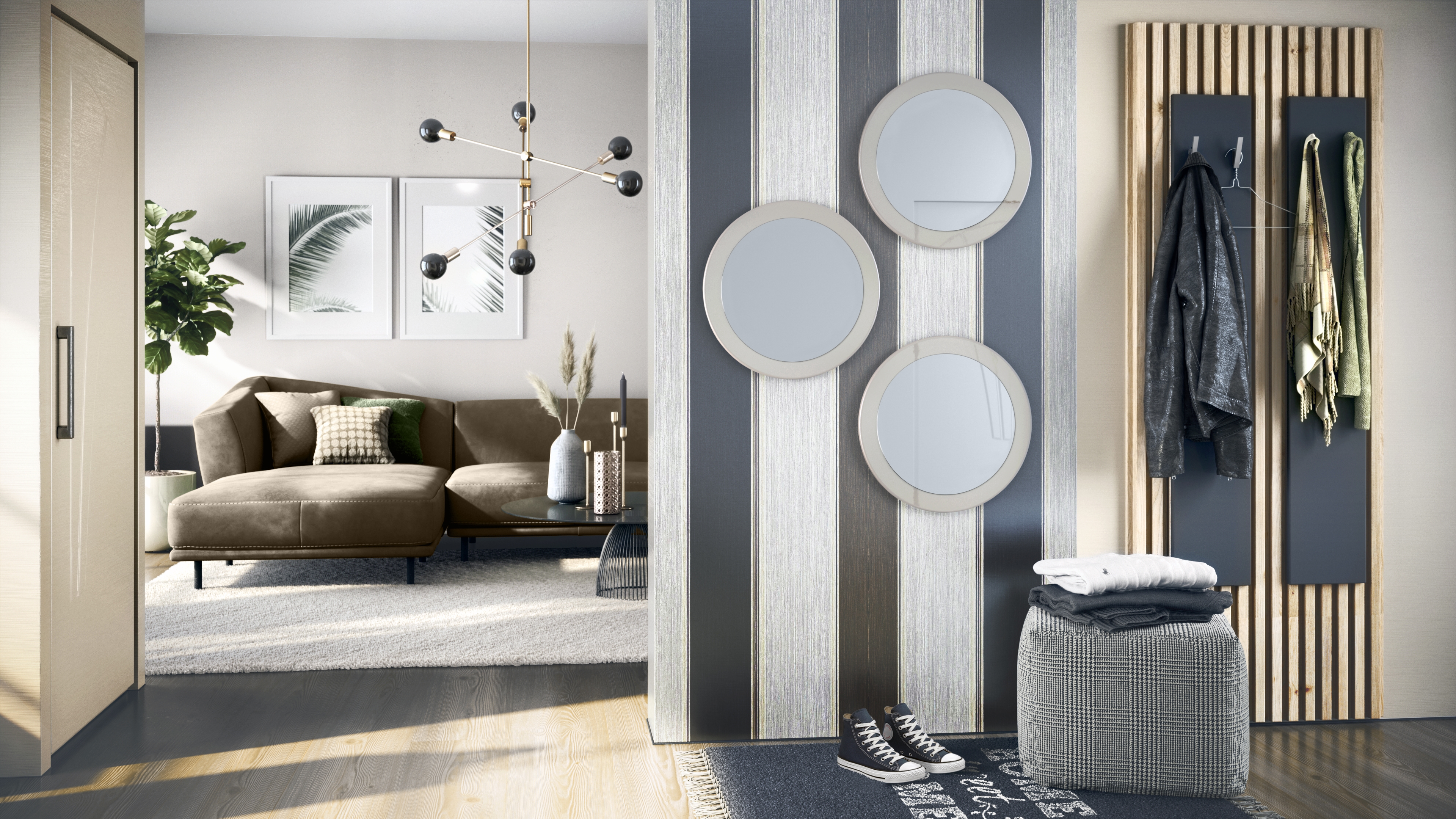 Globe Spiegel 3er Set für Flur und Wohnzimmer mit MDF-Rahmen in Sandgrau Hochglanz (50 cm Durchmesser)