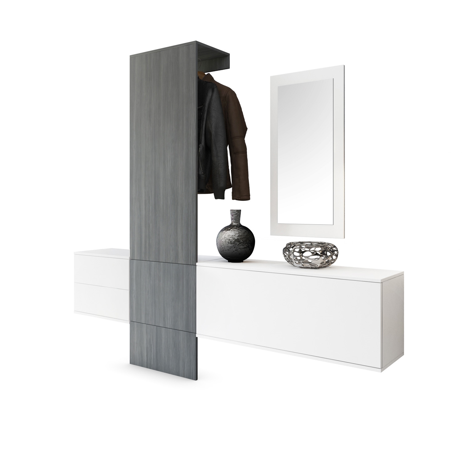 Garderobe Carlton Set 1 Weiß 4-tlg. 1 Paneel, 1 Schubkastenschrank, 1 Schrankmodul und 1 Spiegel Weiß matt/Avola-Anthrazit (208 x 193 x 35 cm)