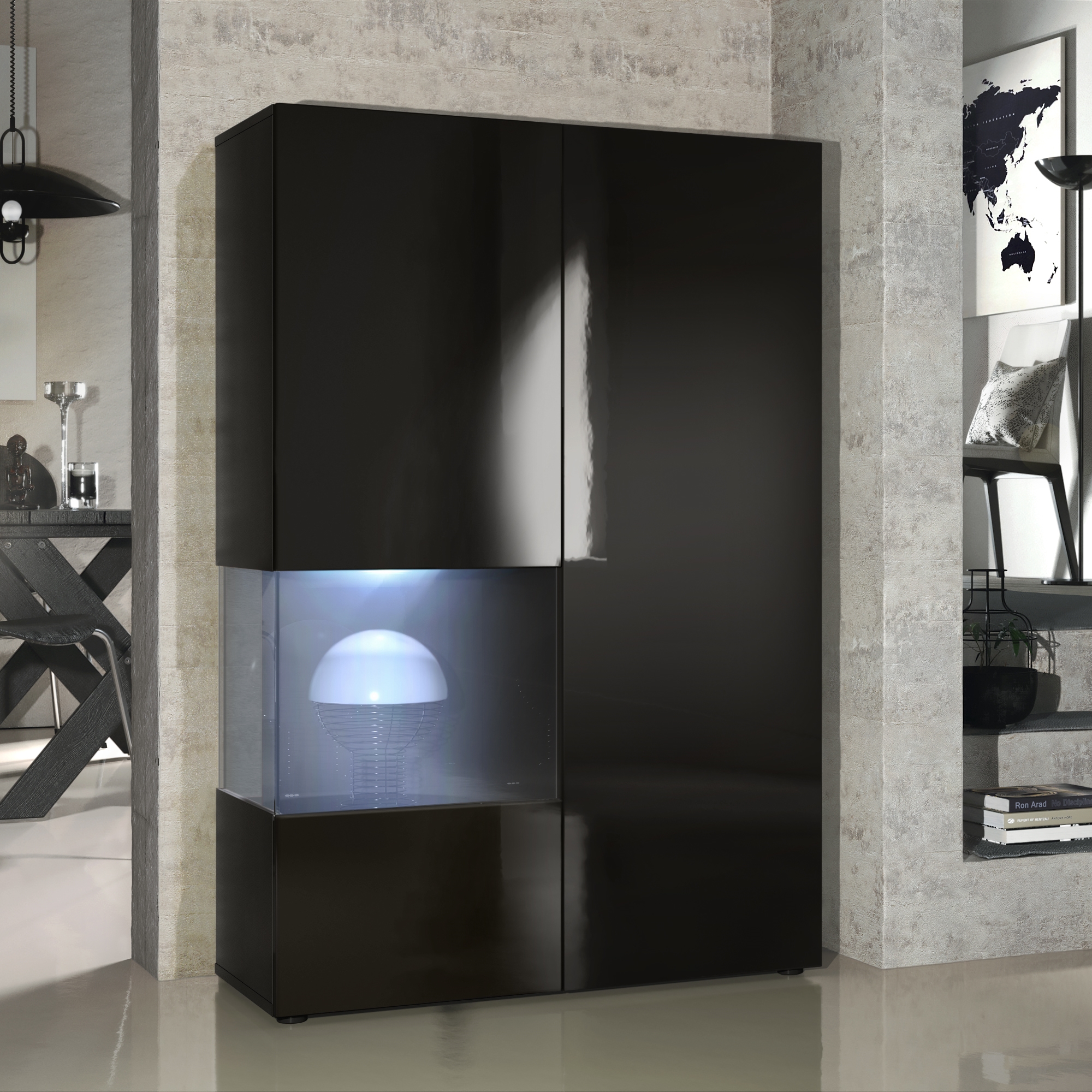 Vitrine Morena  mit 2 Türen dahinter ingesamt 7 Fächer Schwarz matt/Schwarz Hochglanz inkl. LED-Beleuchtung (92x135x37 cm)