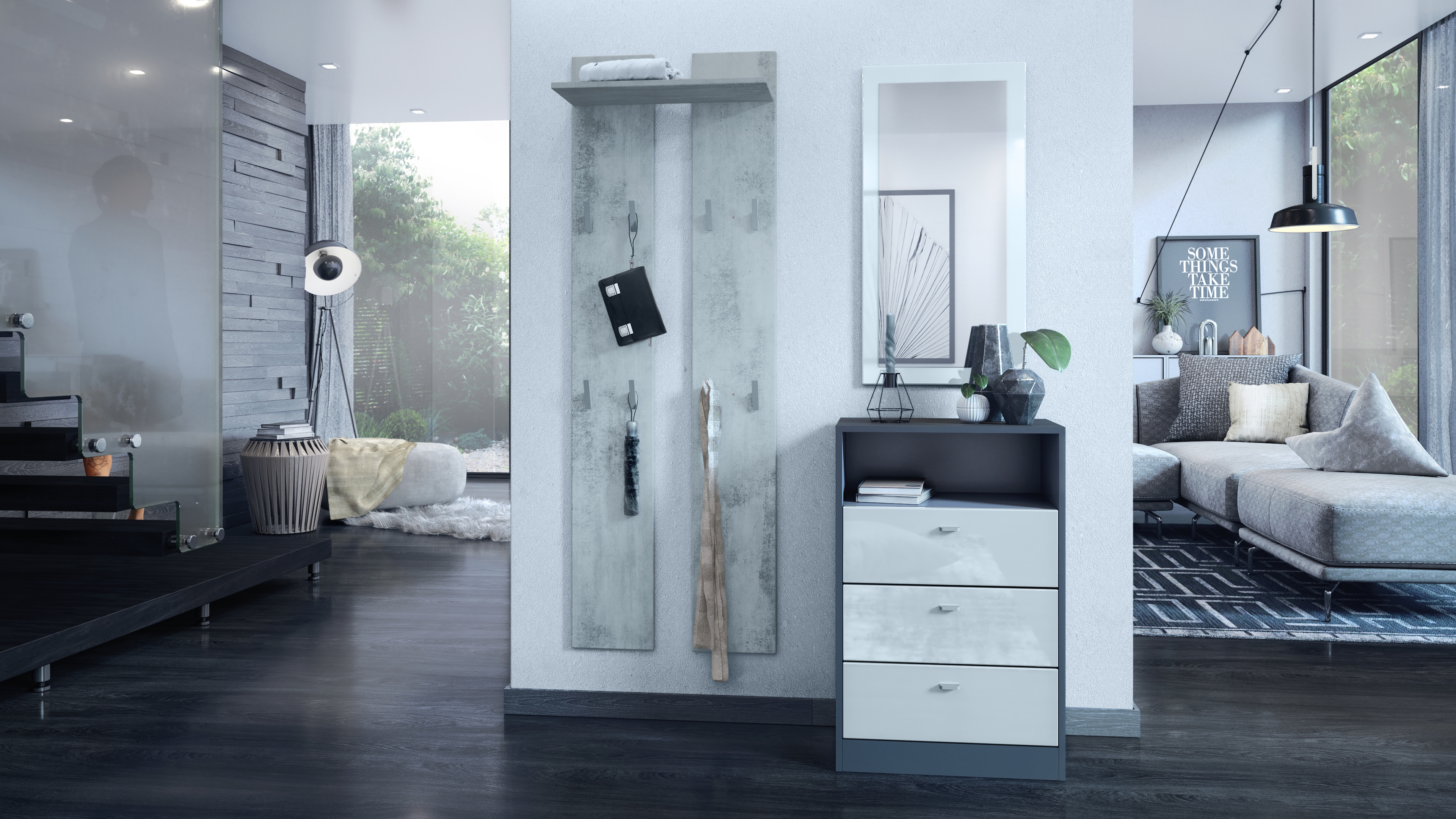 Wandpaneel 170  bestehend aus 2 Paneelen und 1 Ablagefläche Beton Oxid Optik (57 x 170 x 20 cm)