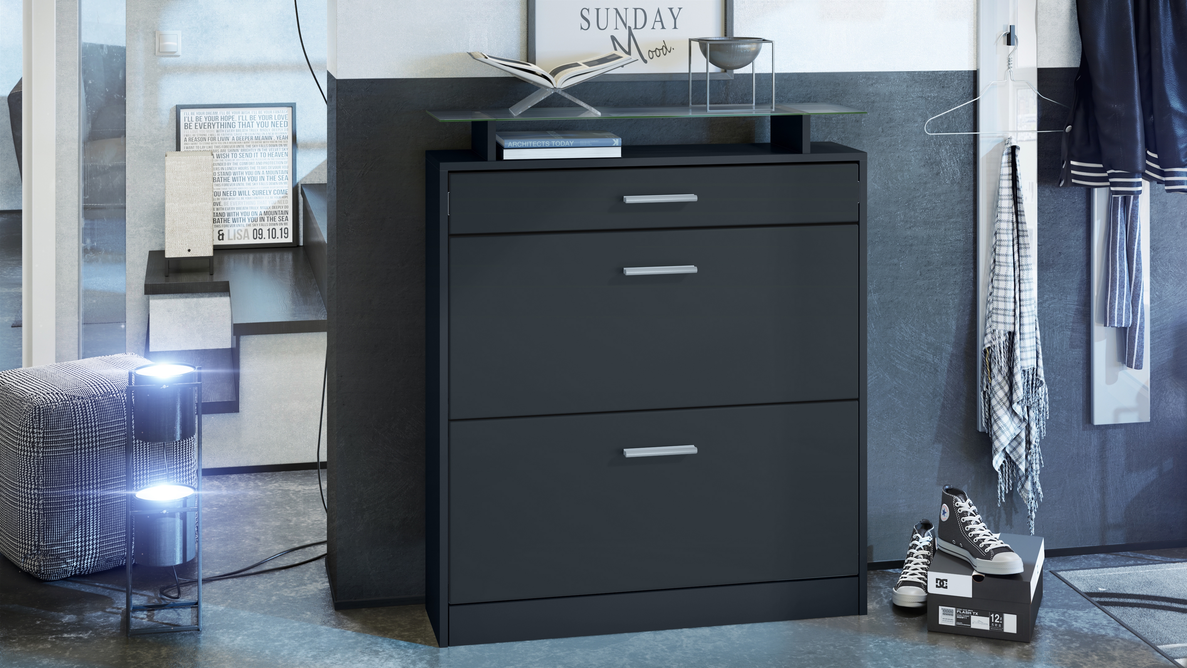 Schuhschrank Loret mit 2 Klappen und 1 Schublade und Glasablage Schwarz matt/Schwarz matt (89 x 104 x 23 cm)
