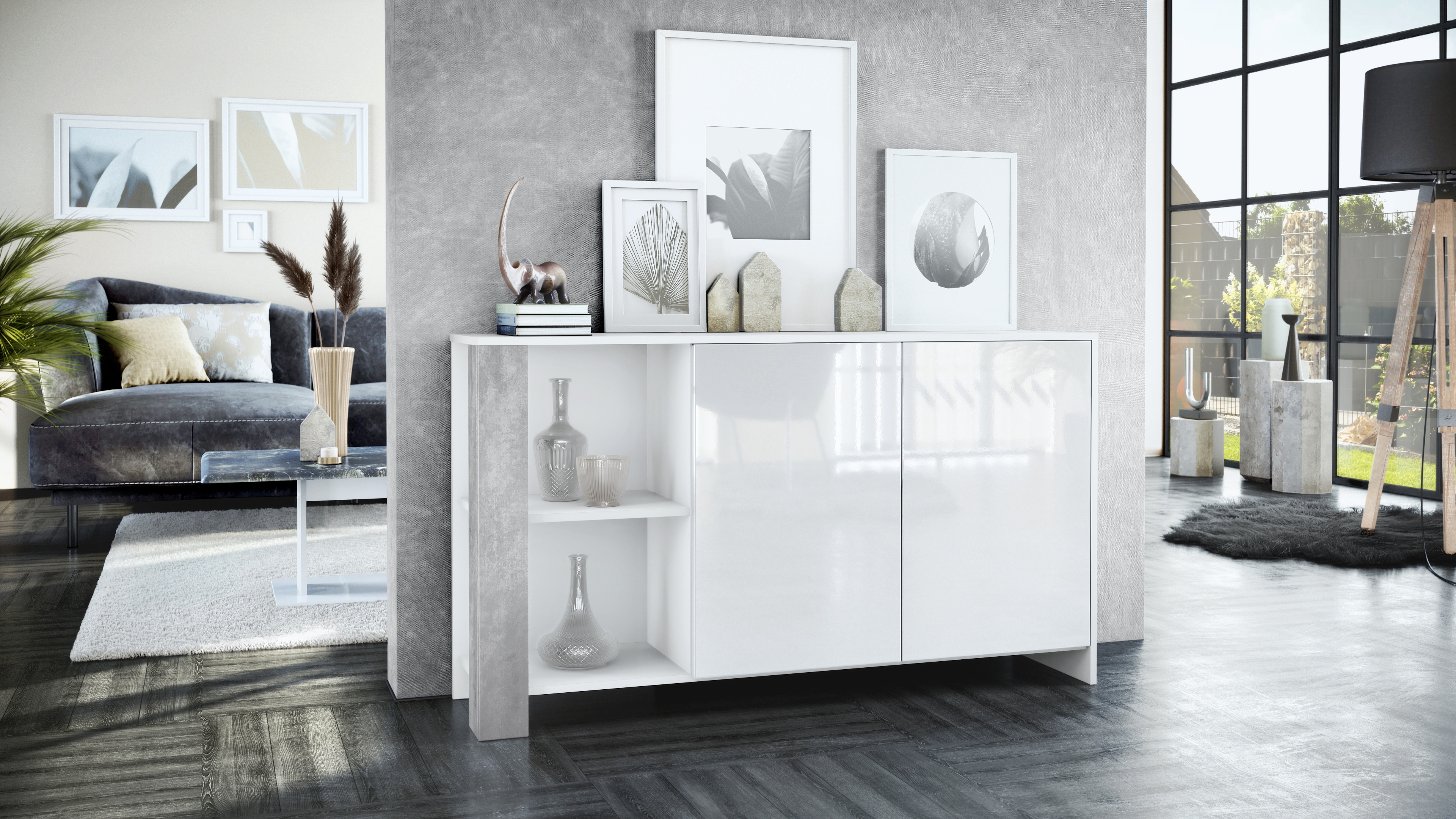 Wohnraum Set Venedig bestehend aus 1 Highboard und 1 Sideboard Weiß matt, Weiß Hochglanz, Beton Oxid Optik