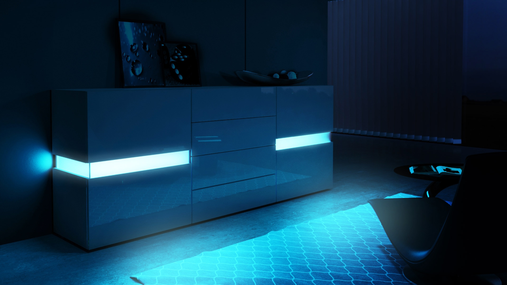 Sideboard Flow mit 2 Türen, je 2 Fächer dahinter und 4 Schubladen Schwarz matt/Schwarz Hochglanz, inkl. LED-Beleuchtung (177x75x39 cm)