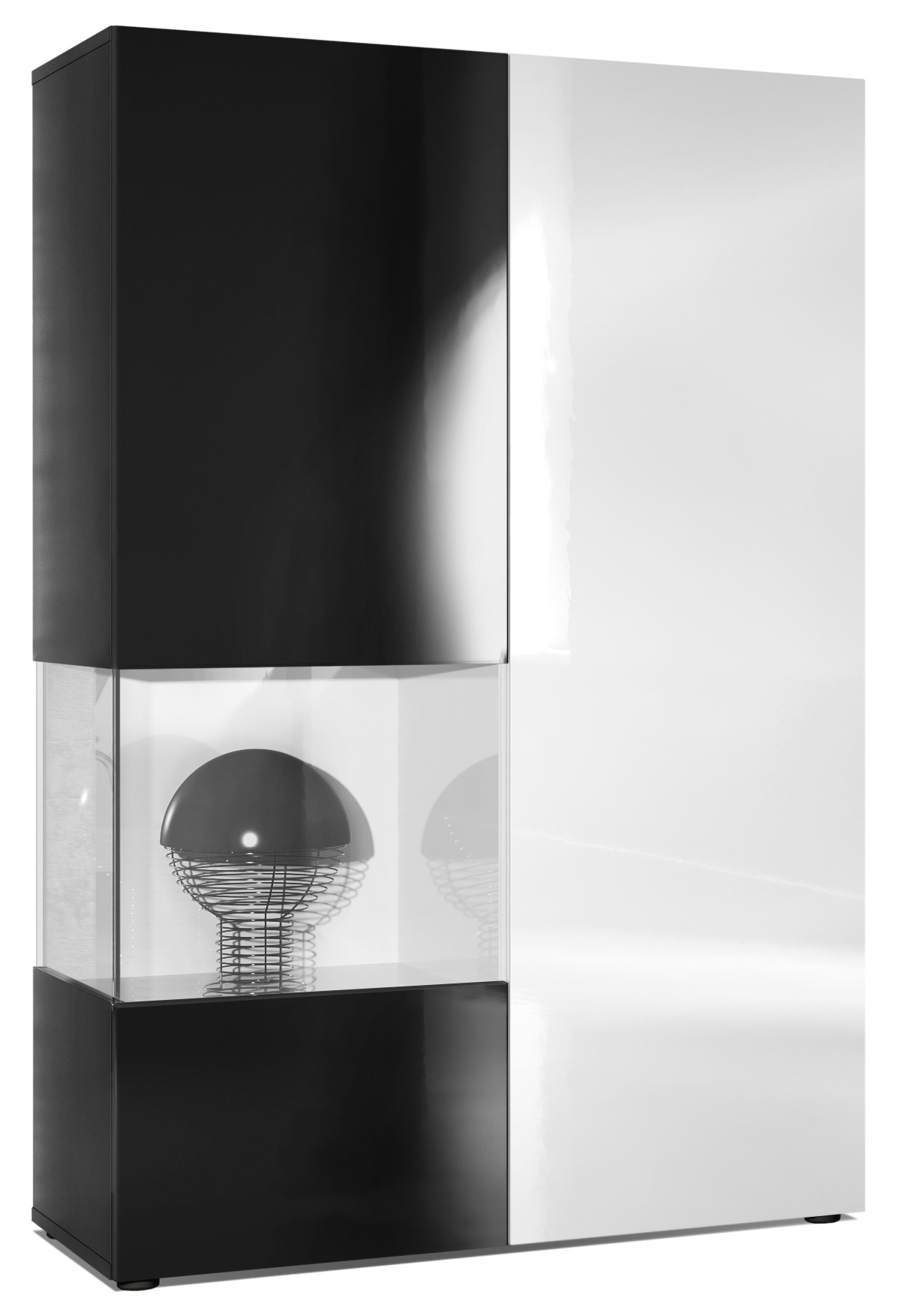 Vitrine Morena  mit 2 Türen dahinter ingesamt 7 Fächer Schwarz matt/Schwarz Hochglanz/Weiß Hochglanz (92 x 135 x 37 cm)