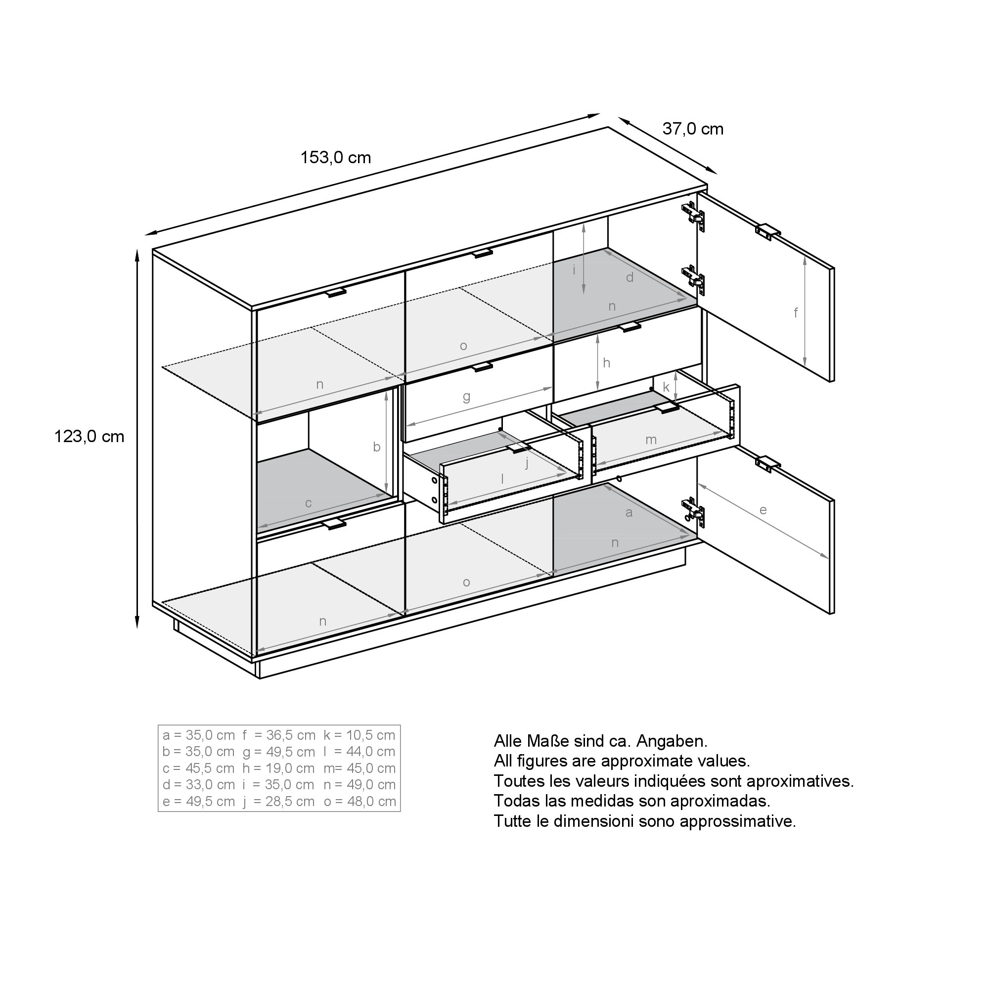 Highboard Metro V2  mit 6 Türen, 4 Schubladen und 1 offenem Fach Weiß Hochglanz/Beton Oxid Optik (153 x 123 x 38 cm)