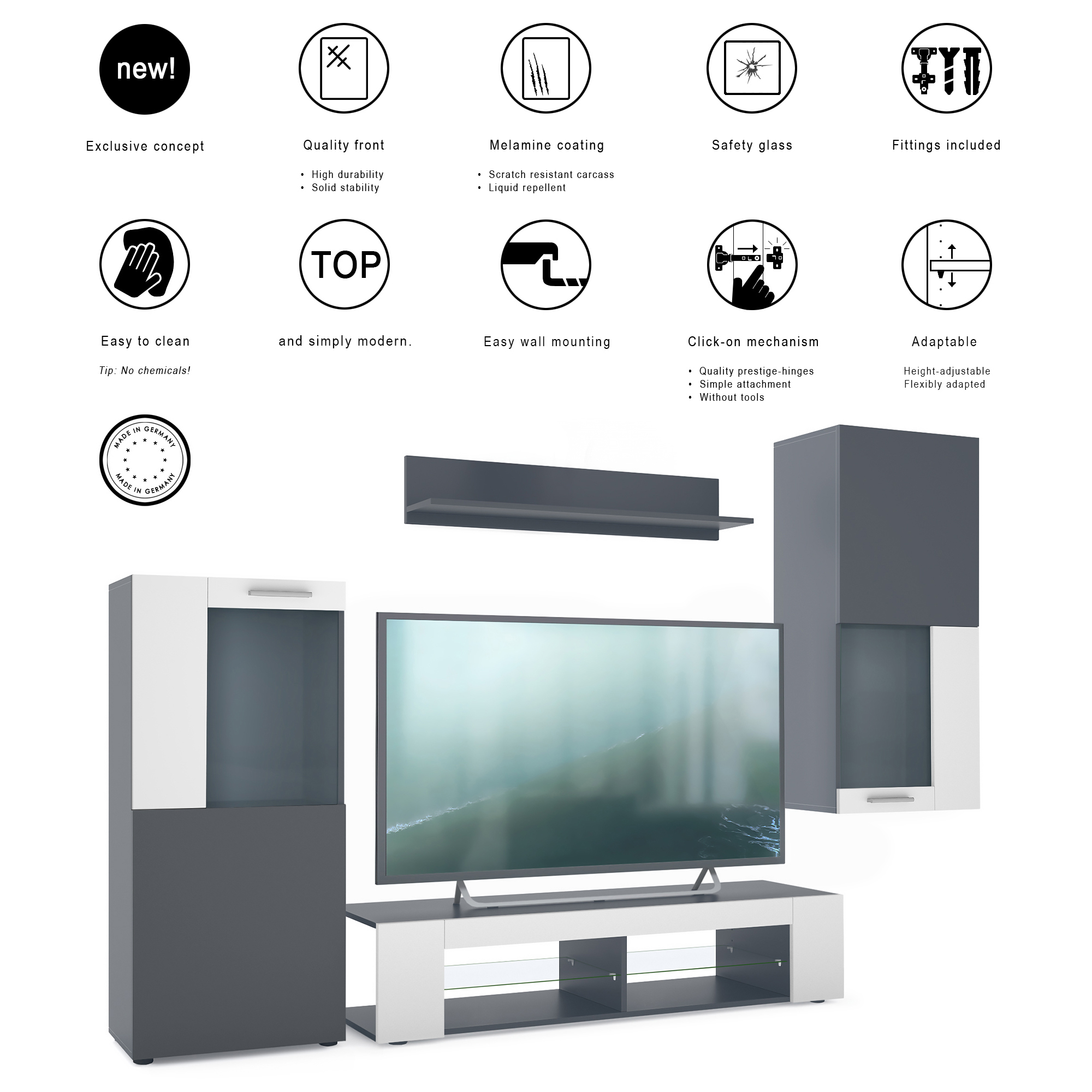 Stream Wohnwand Anthrazit matt Anbauwand bestehend aus 1 TV-Board, 2 Vitrinen und 1 Regal Anthrazit matt/Weiß matt (Gesamt: 305,5 x 190 x 38,5 cm)