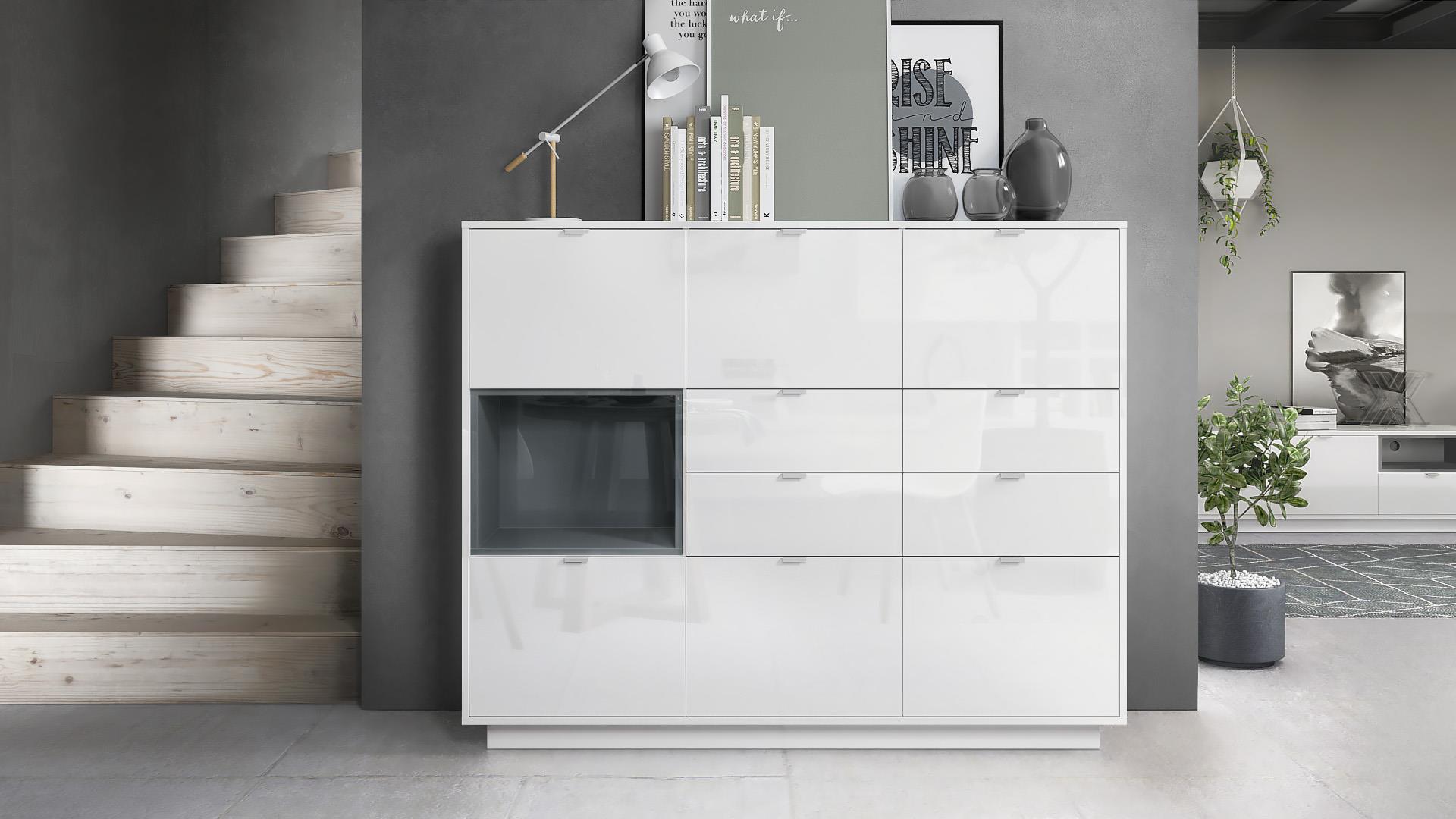 Highboard Metro V2  mit 6 Türen, 4 Schubladen und 1 offenem Fach Weiß Hochglanz/Grau Hochglanz inkl. LED Beleuchtung (153x123x38 cm)