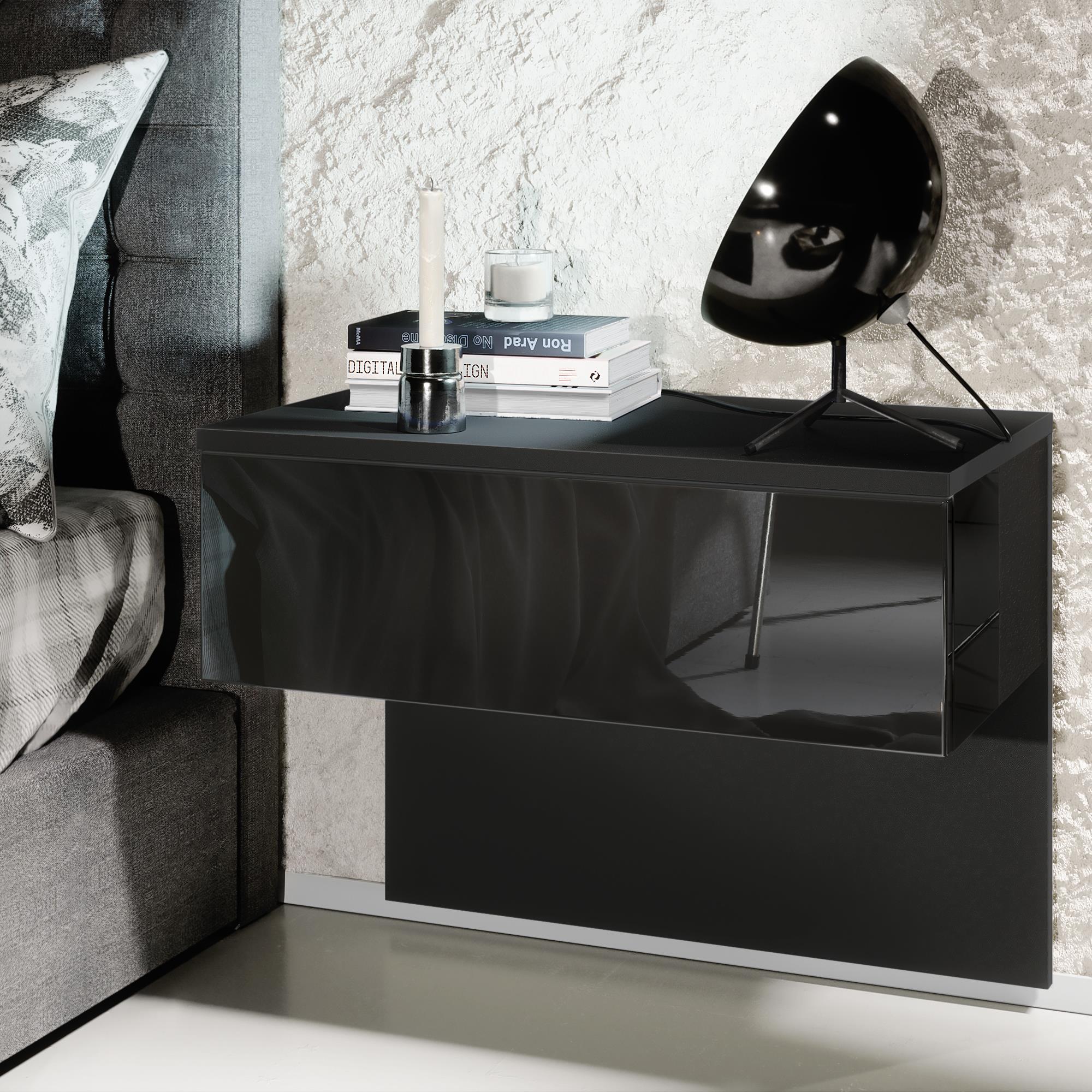 Nachttisch Sleep  mit Schublade zur Wandmontage Schwarz matt/Schwarz Hochglanz (60 x 46 x 35 cm)