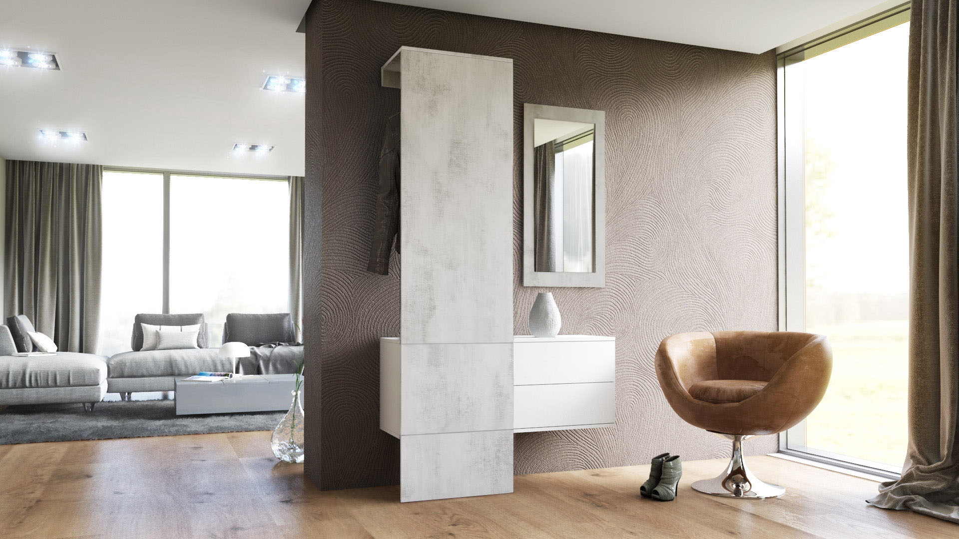 Garderobe Carlton Set 2 Beton 3-tlg. 1 Paneel, 1 Schubkastenschrank und 1 Wandspiegel Weiß matt/Beton Oxid Optik (105 x 193 x 35 cm)