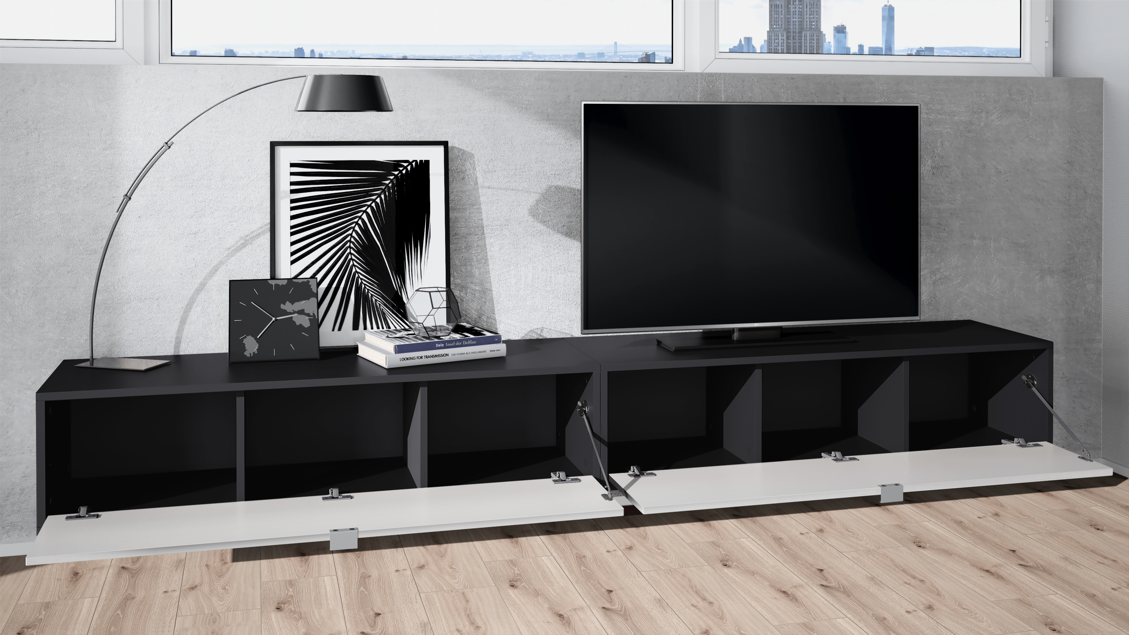 Lowboard Lana 1200 2er-Set  mit Klappe dahinter 3 Fächer Schwarz matt/Avola-Anthrazit (120 x 29 x 37 cm)