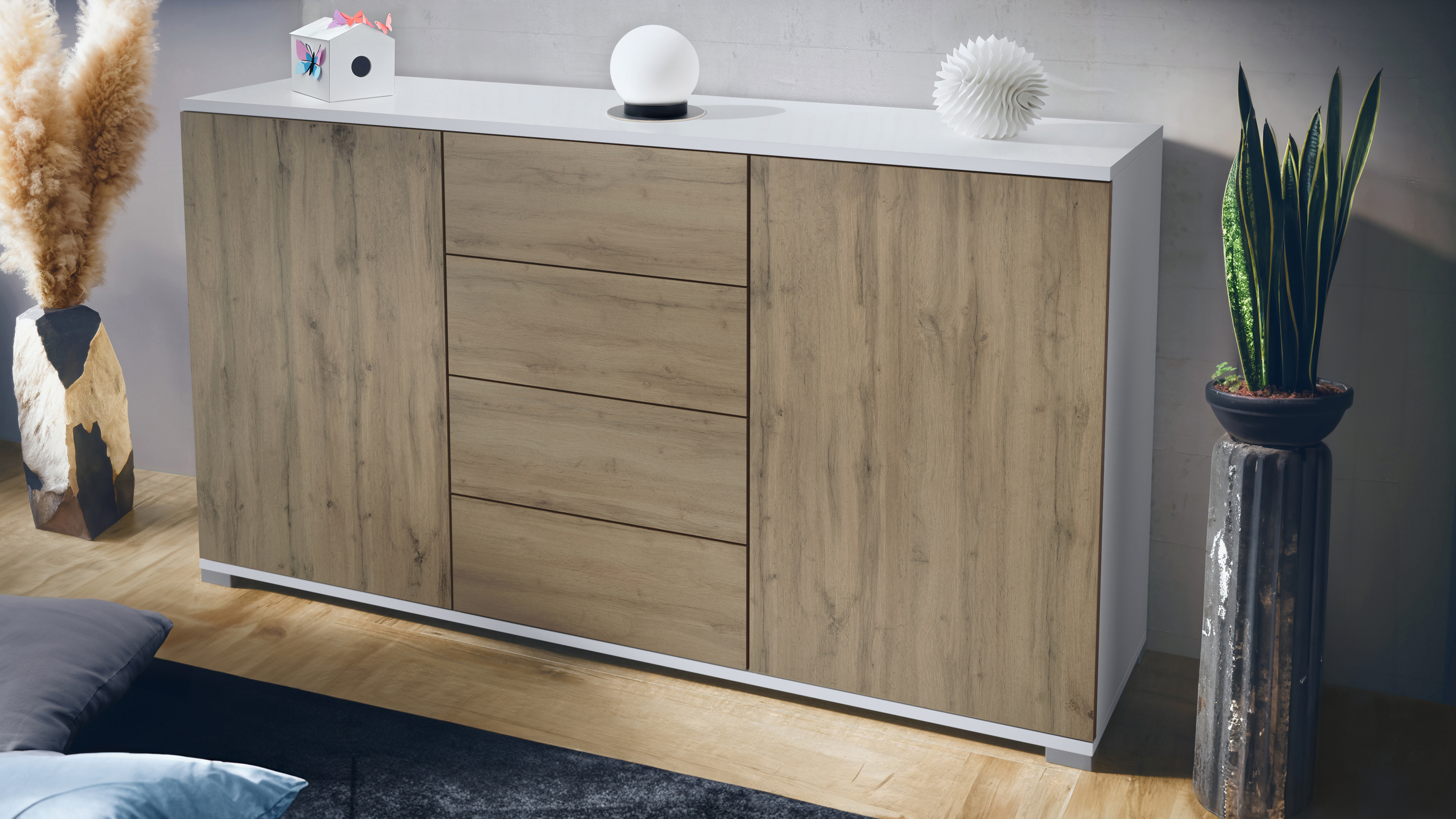 Santo V1 Sideboard Weiß mit 2 Türen und 4 Schubladen Weiß matt/Eiche Evoke (138,5 x 75,5 x 35 cm)