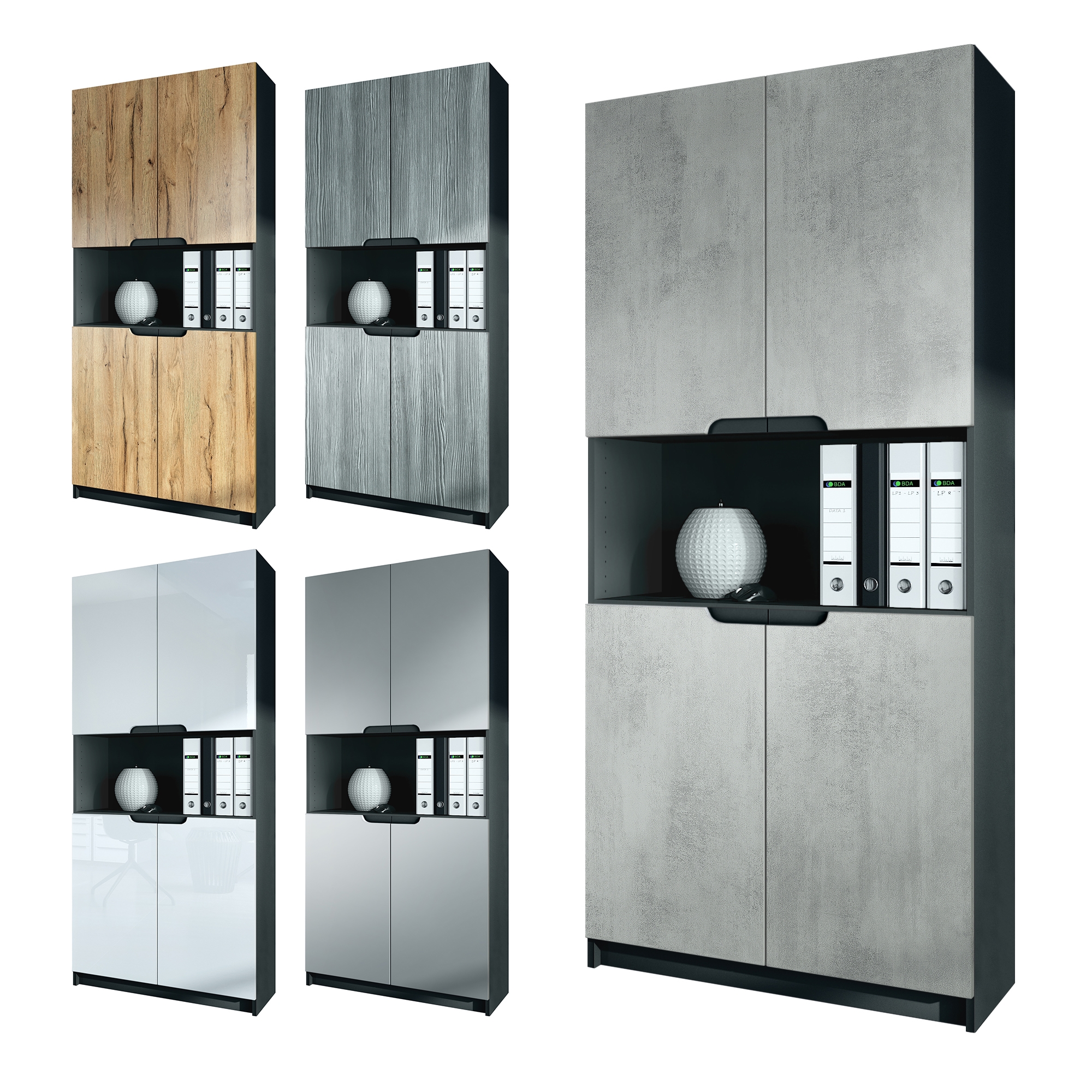 Büroschrank Logan V2 mit 5 Fächern und 4 Türen Schwarz matt/Avola-Anthrazit (82 x 185 x 37 cm)