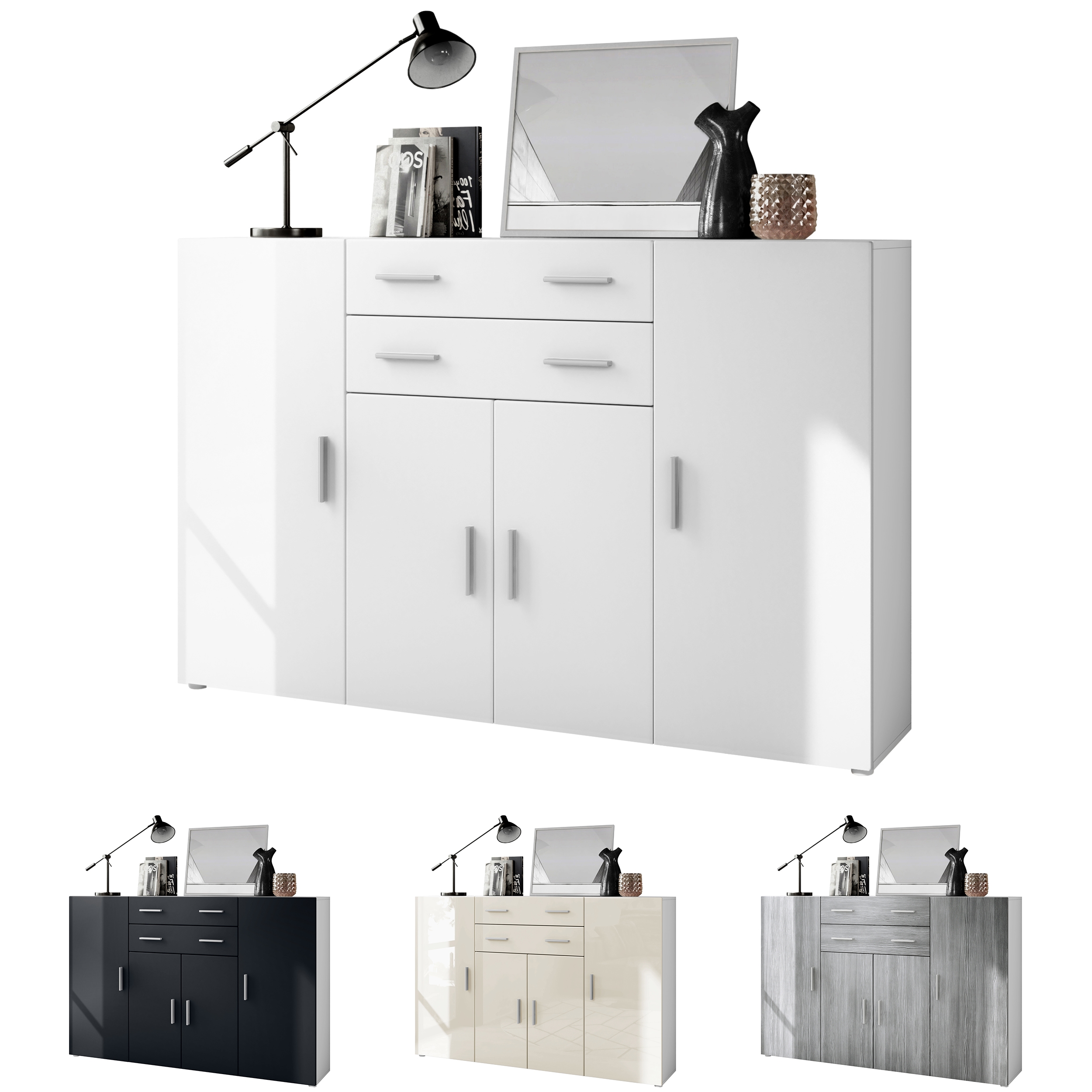Highboard Aron  mit 4 Türen und 2 Schubladen Weiß matt/Schwarz matt (166,5 x 106,5 x 35 cm)