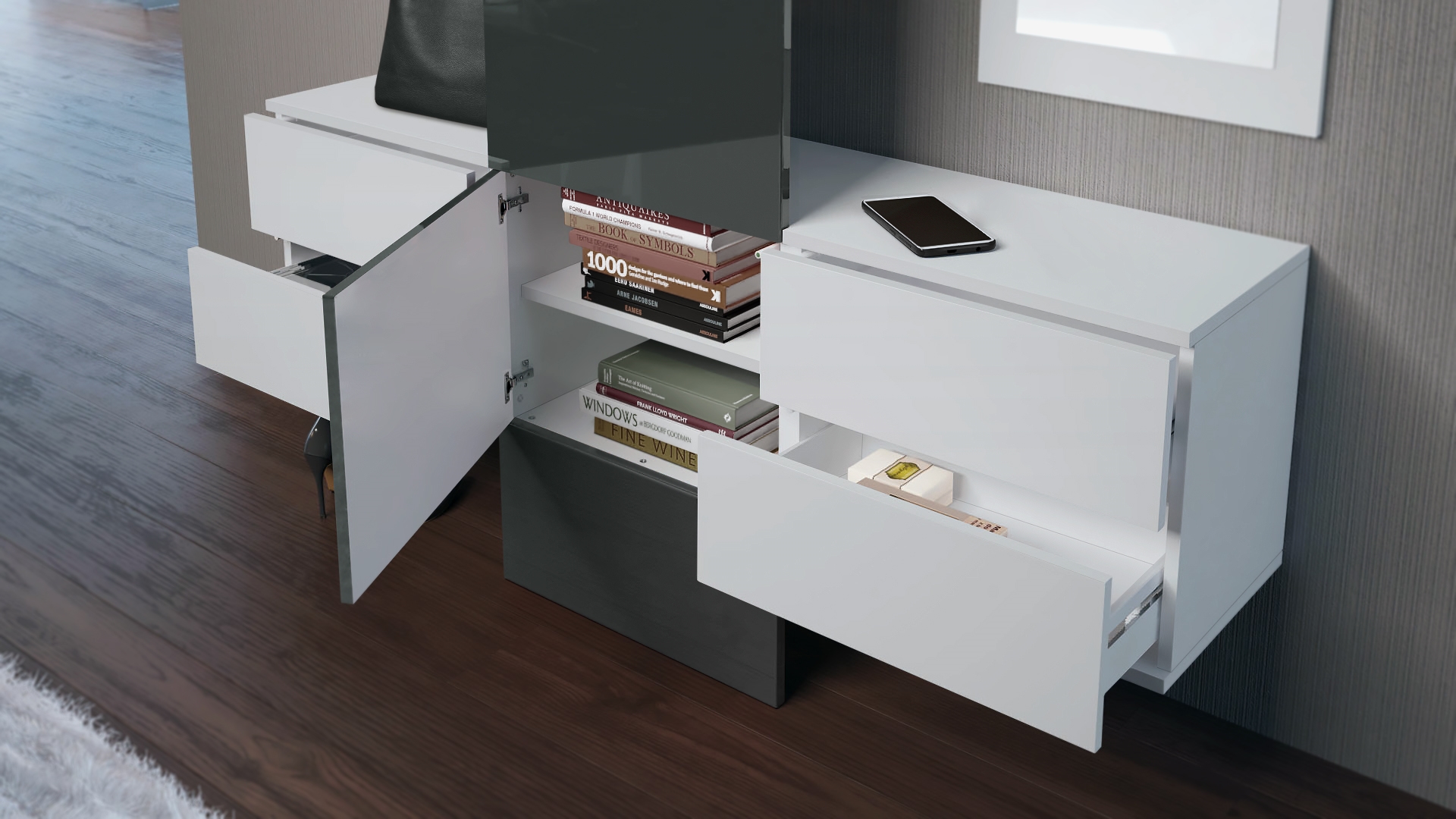 Garderobe Carlton Set 3 Beton 4-tlg. ​1 Paneel, 2 Schubkastenschränke und 1 Wandspiegel Weiß matt/Beton Oxid Optik (157 x 193 x 35 cm)