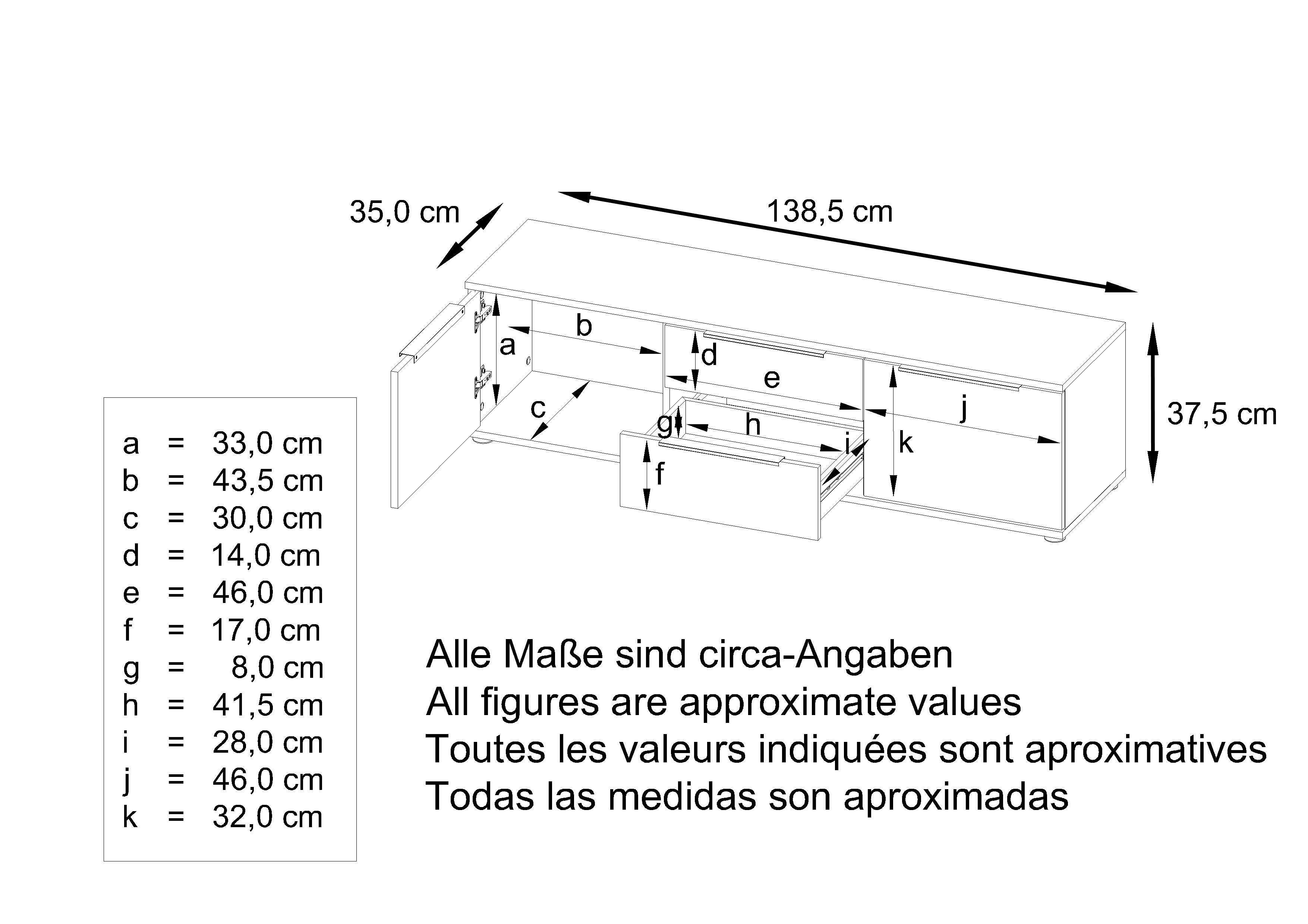 Linio V1 Lowboard  mit 2 Türen und Schubladen Weiß / Bordeaux Hochglanz (138,5 x 37,5 x 35 cm)