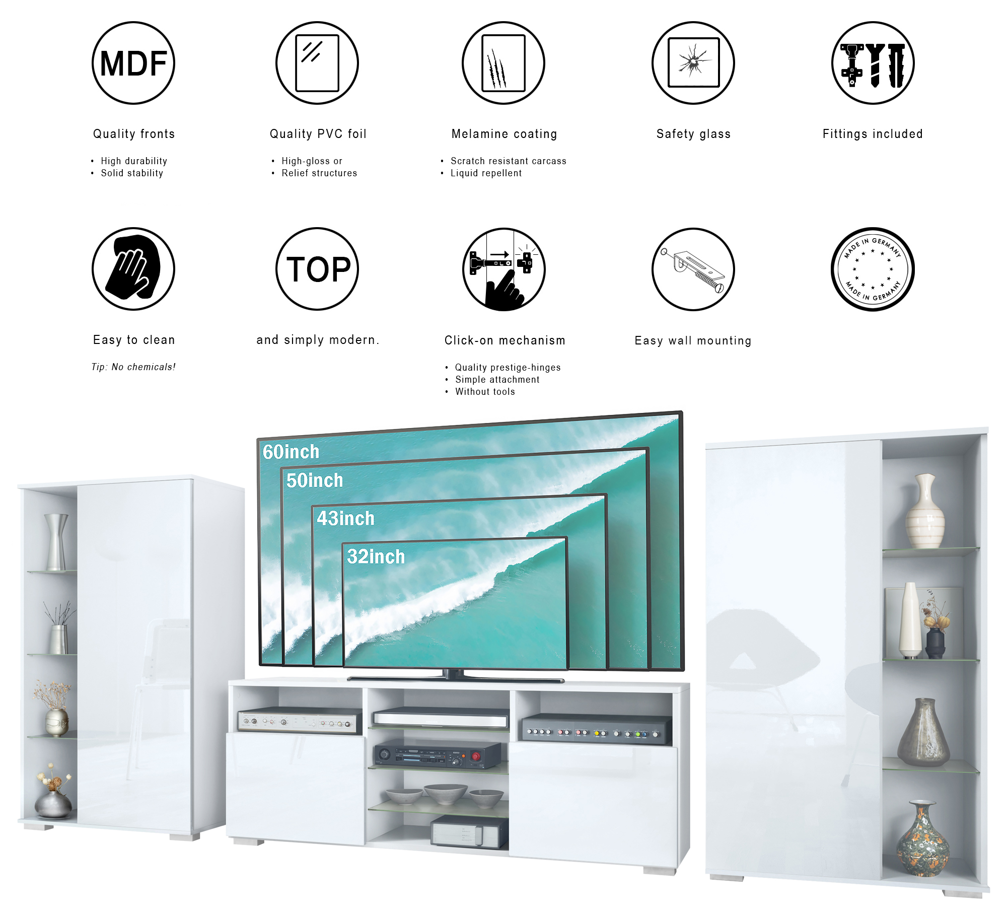Wohnwand 3-tlg. Davos Weiß bestehend aus 2 Vitrinen und 1 TV-Board Weiß matt/Eiche sägerau (329 x 134 x 35 cm)