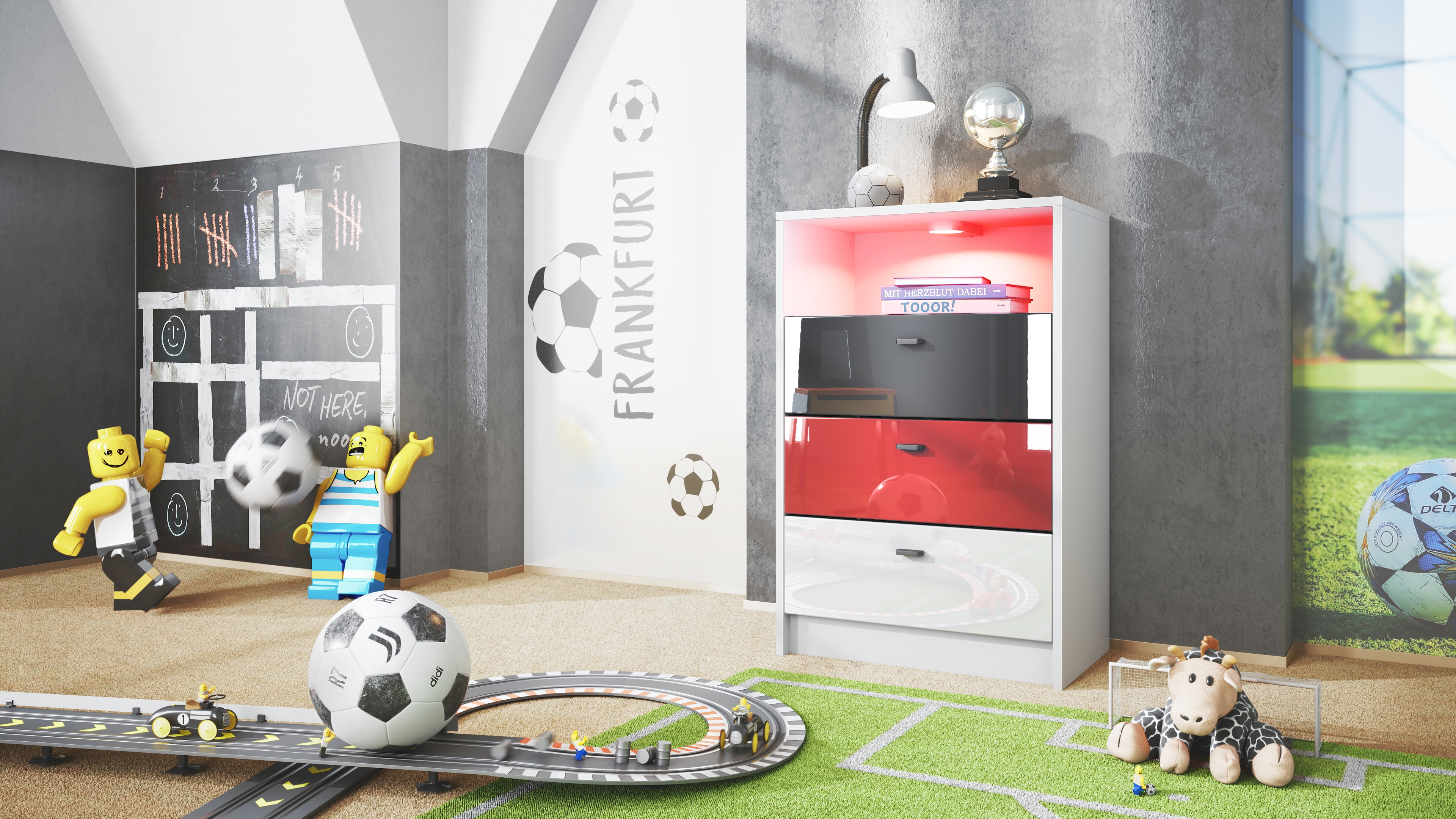 Pino V2 Kommode Fußball mit 3 Schubladen inkl. RGB LED Beleuchtung Fußball Liga Frankfurt - Schwarz, Rot & Weiß glänzend (56x86,5x36 cm)