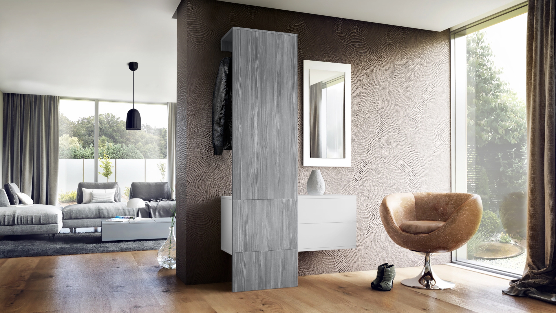 Garderobe Carlton Set 2 Weiß 3-tlg. ​ 1 Paneel, 1 Schubkastenschrank und 1 Wandspiegel Weiß matt/Avola-Anthrazit (105 x 193 x 35 cm)