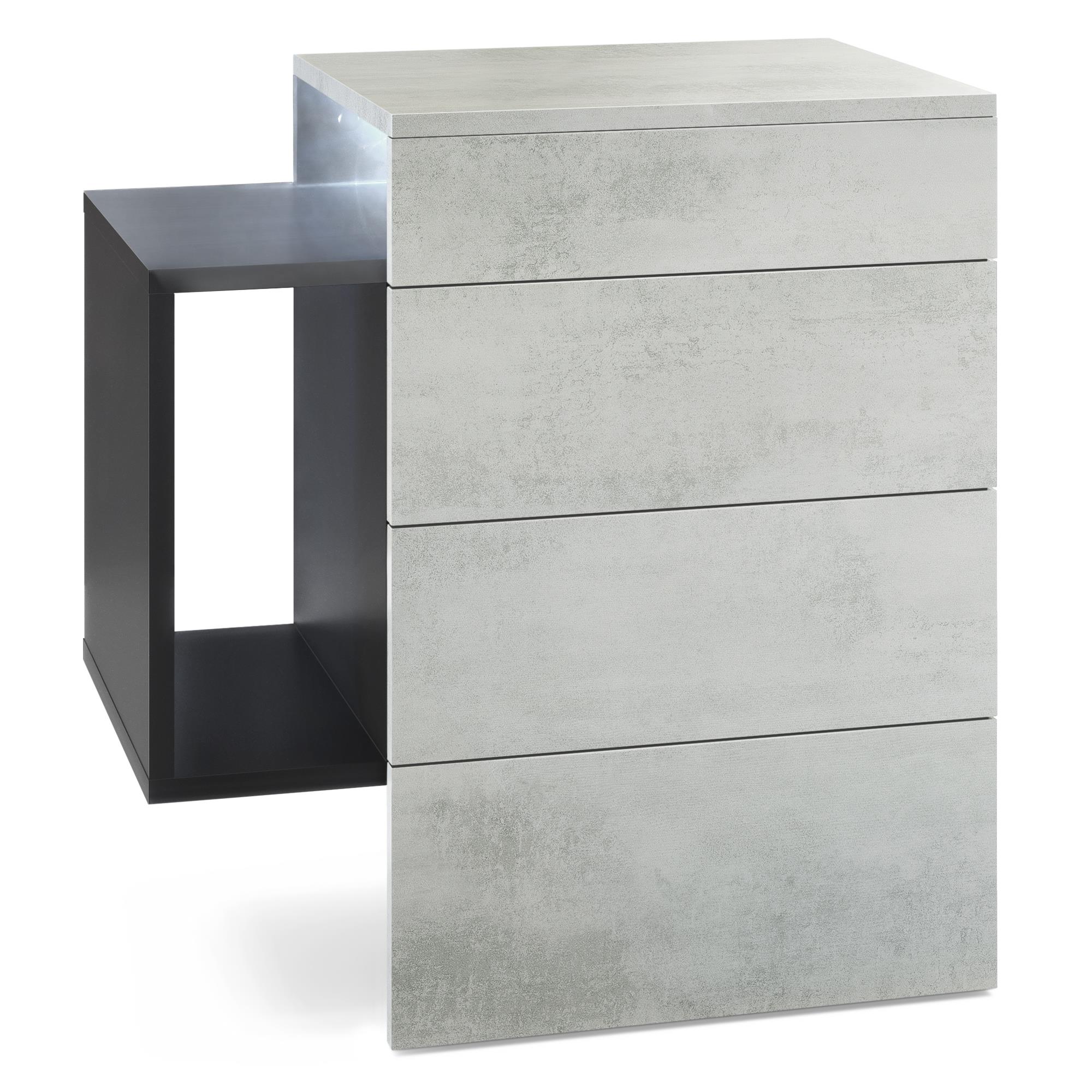 Nachttisch Queens und 1 seitlichem Fach zur Wandmontage Schwarz matt/Beton Oxid Optik inkl. LED-Unterbaustrahler (60x63x36 cm)