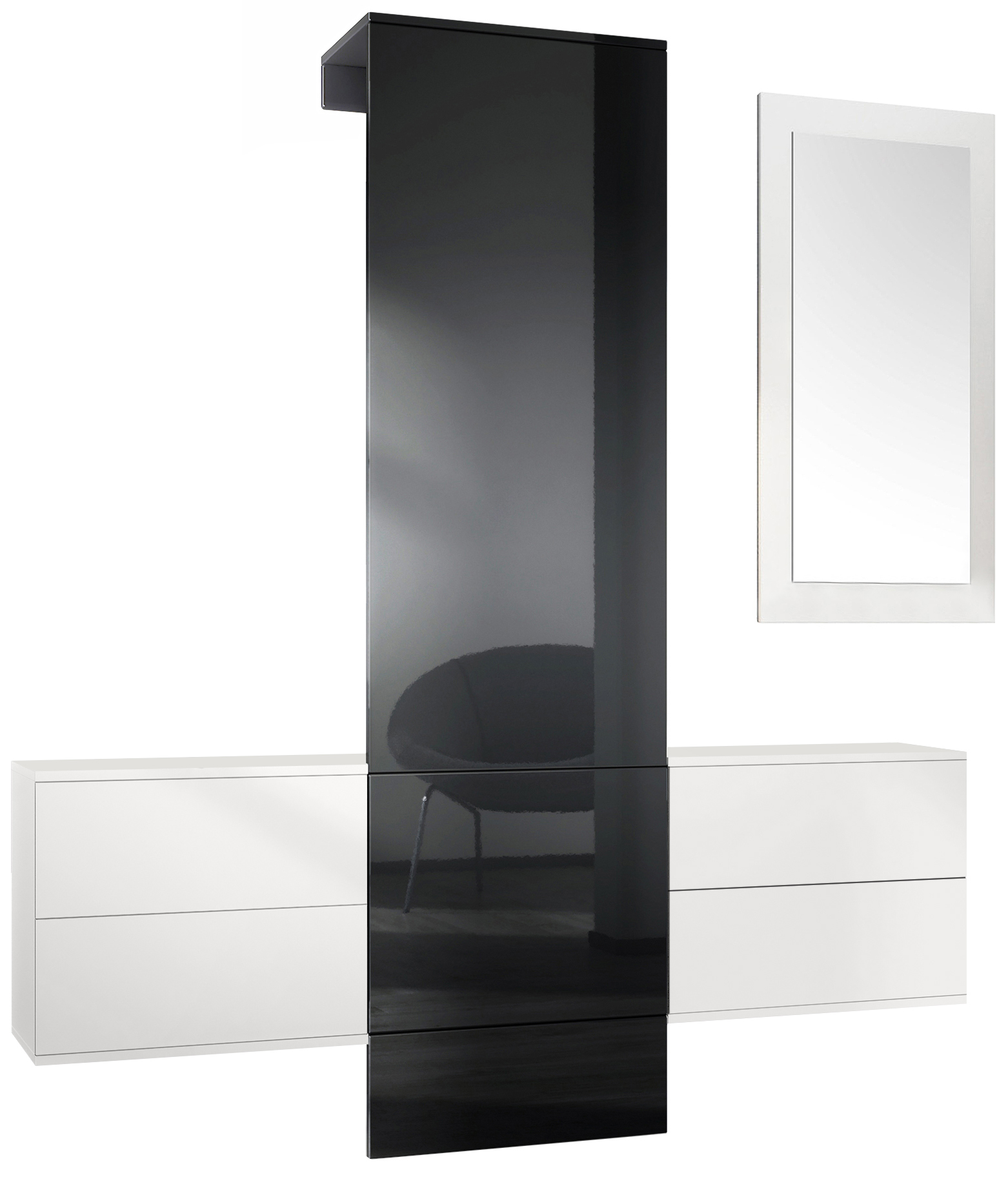 Garderobe Carlton Set 3 Weiß 4-tlg. ​ 1 Paneel, 2 Schubkastenschränke und 1 Wandspiegel Weiß matt/Schwarz Hochglanz (157 x 193 x 35 cm)
