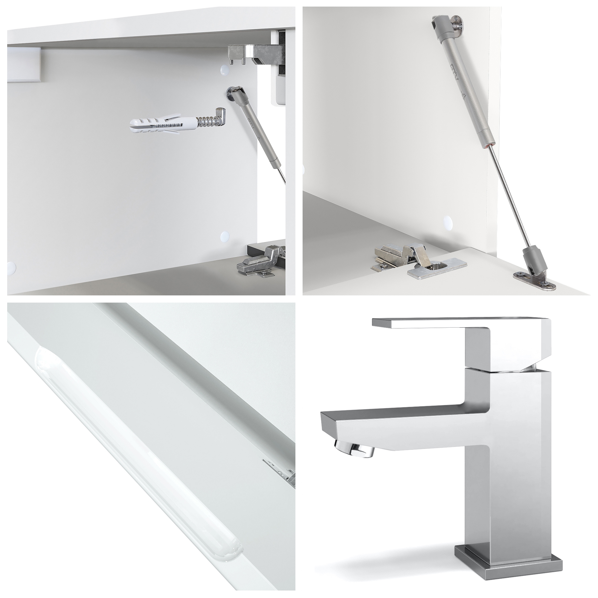 Badmöbel Beach LED-Spiegel, Waschbecken und Armatur Korpus Weiß matt/Fronten Beton Dunkel Optik (‎189 x 193 x 51 cm)