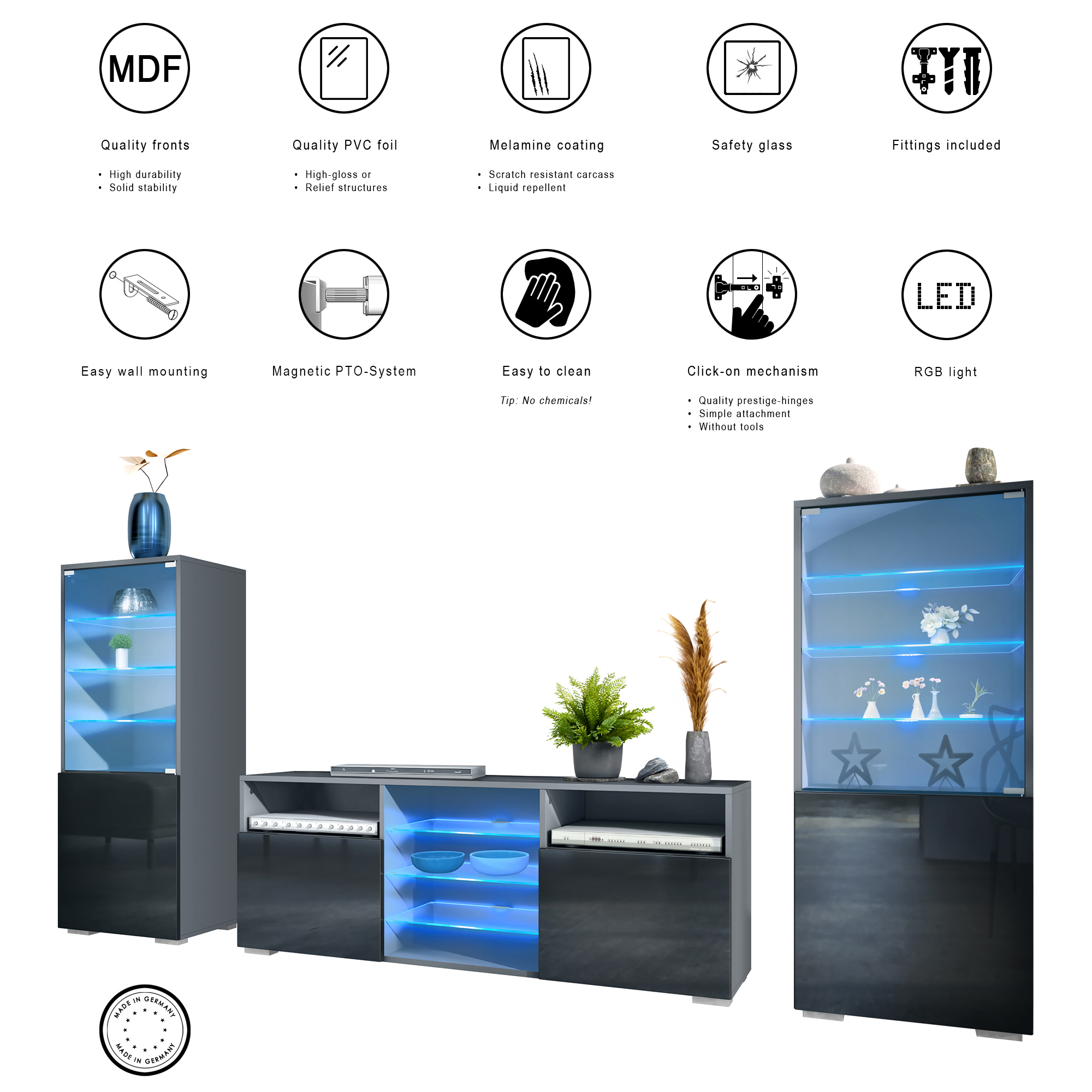 Wohnwand 3-tlg. Granada Anthrazit LED
