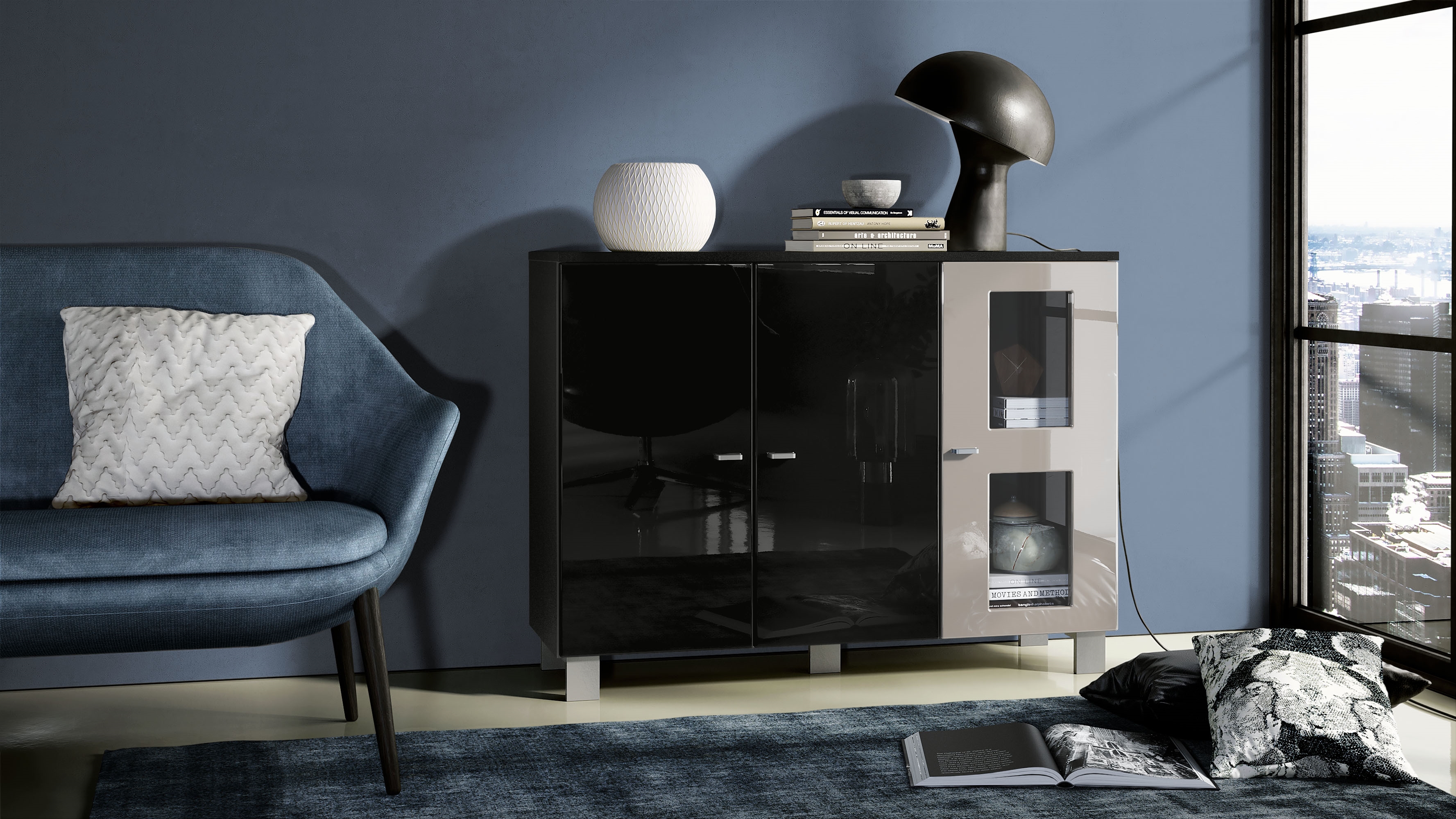 Sideboard Denjo  mit 3 Türen Schwarz matt/Schwarz Hochglanz/Sandgrau Hochglanz (107 x 81 x 35 cm)