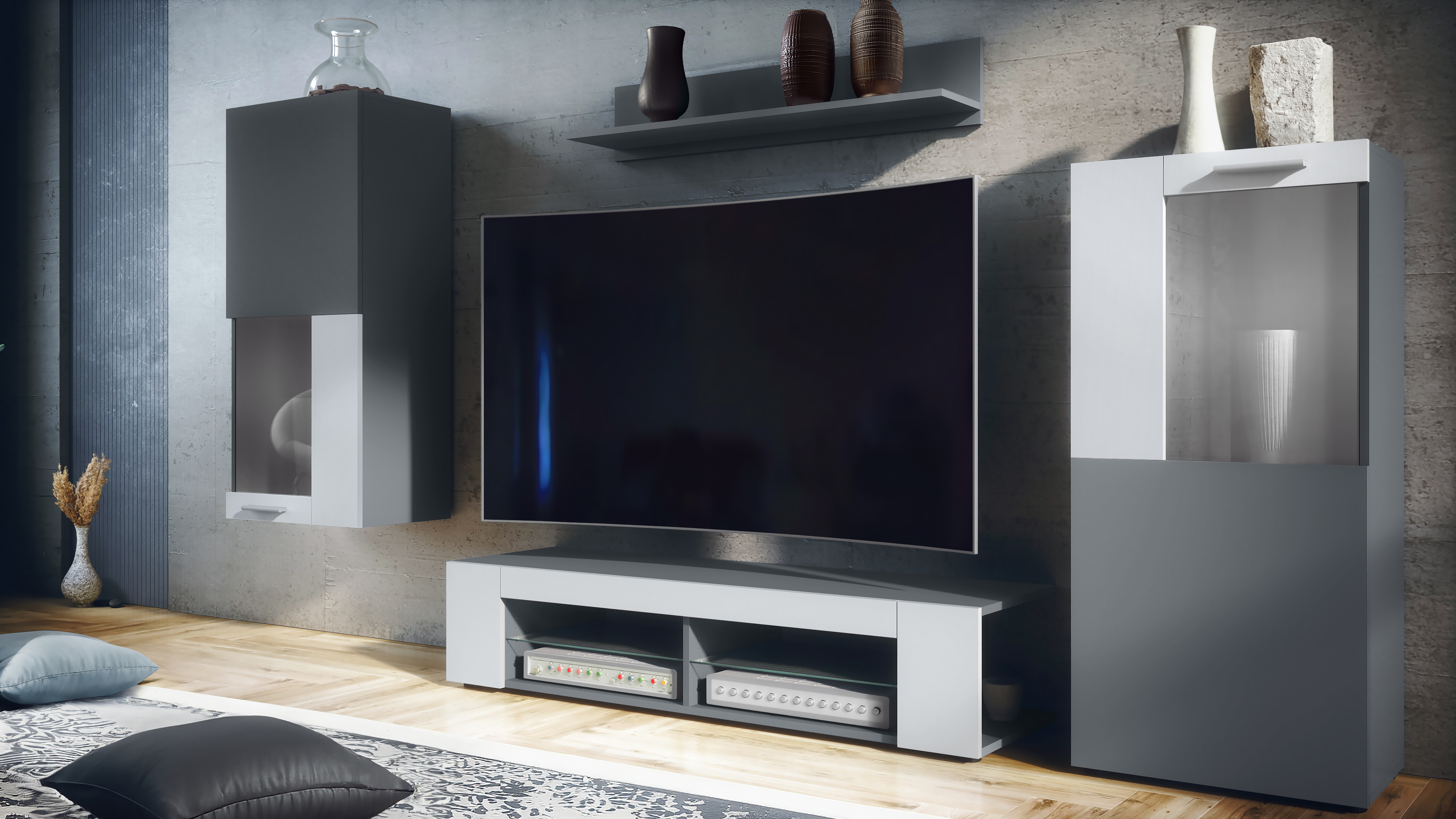 Stream Wohnwand Anthrazit matt Anbauwand bestehend aus 1 TV-Board, 2 Vitrinen und 1 Regal Anthrazit matt/Weiß matt (Gesamt: 305,5 x 190 x 38,5 cm)