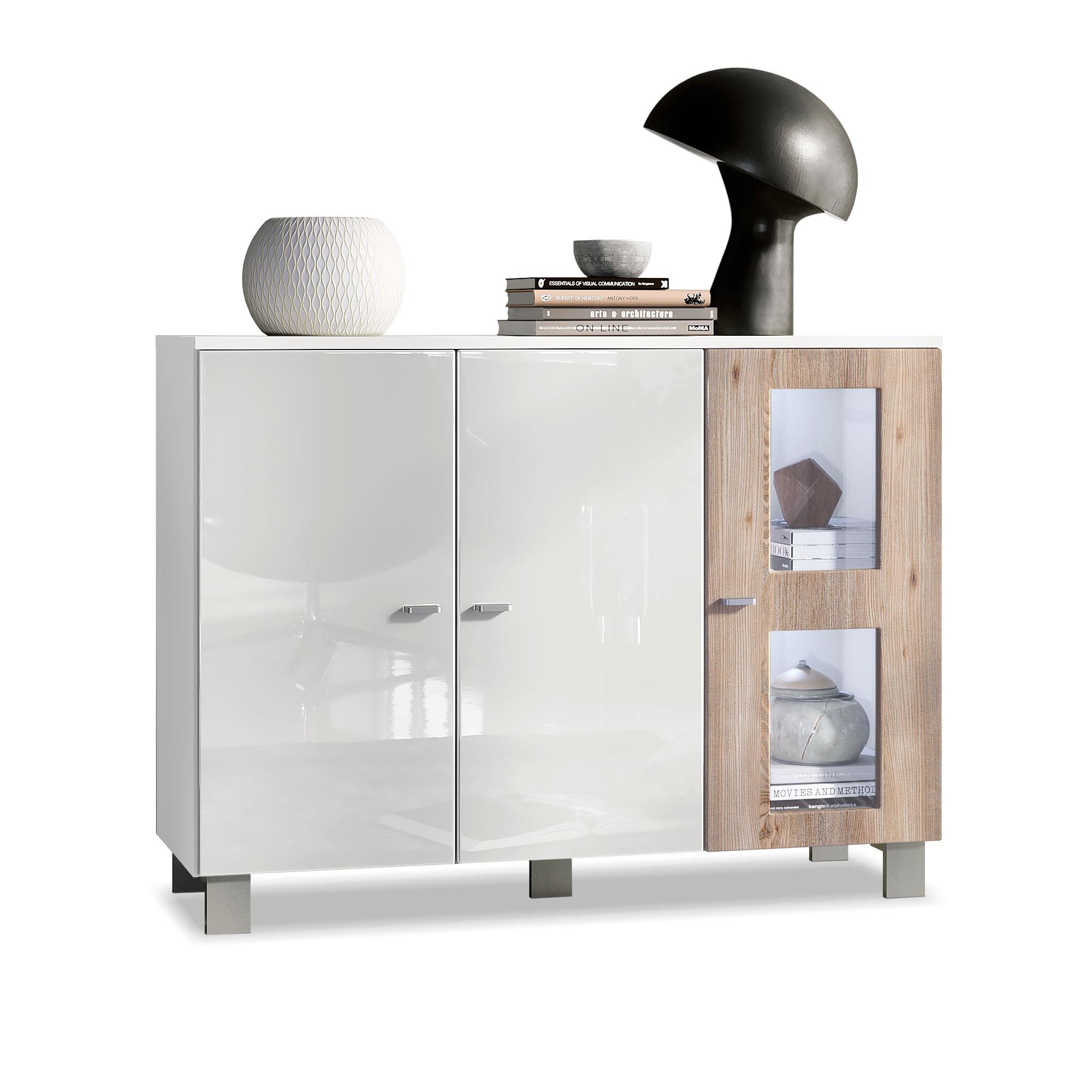 Sideboard Denjo  mit 3 Türen Weiß matt/Weiß glänzend/Eiche Nordic mit Beleuchtung (107x81x35 cm)